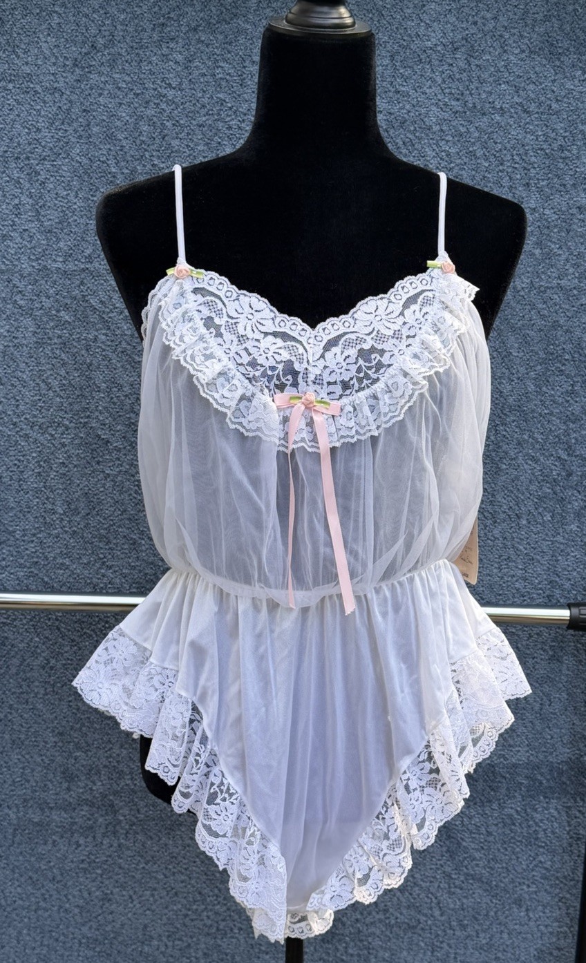 New Vtg NOS Cinema Etoile Pamela Esteves Bodysuit Teddy Lingerie Lace White Lrg