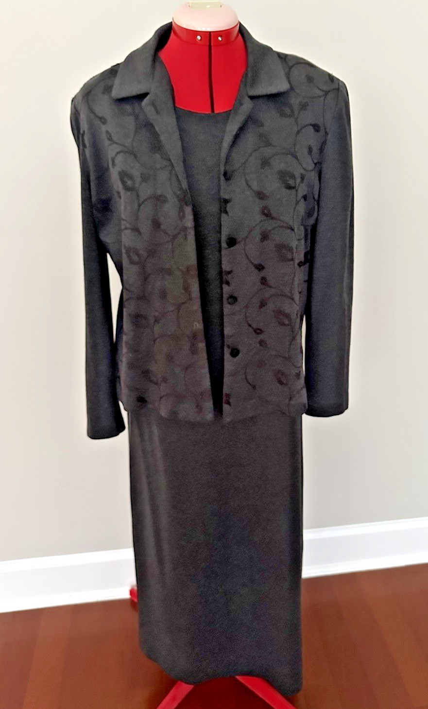 Vintage 90s Donna Ricco NY 2-Pc Dress Suit – Charcoal Gray Floral – Size 8P
