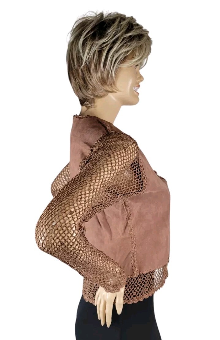 Vtg Y2K Kroshetta By Papillon Brown Leather Suede Crochet Boho Cardigan Top M