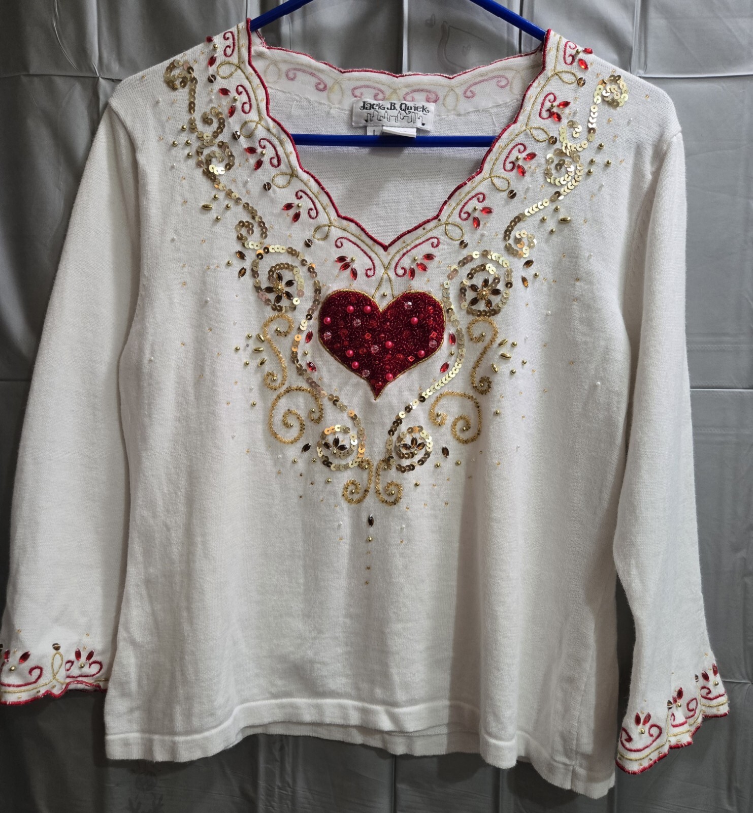 Vintage Women’s Red Sequin Heart White Top By Jack B. Quick 3/4 Sleeve Size LG