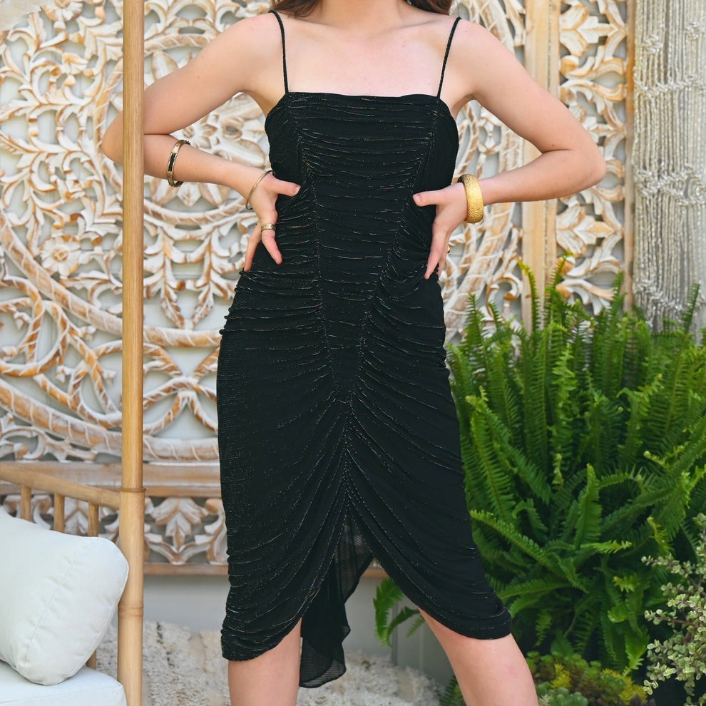 New Leaf Samir 80s Party Vintage Ruched Cocktail Metallic Evening Dress