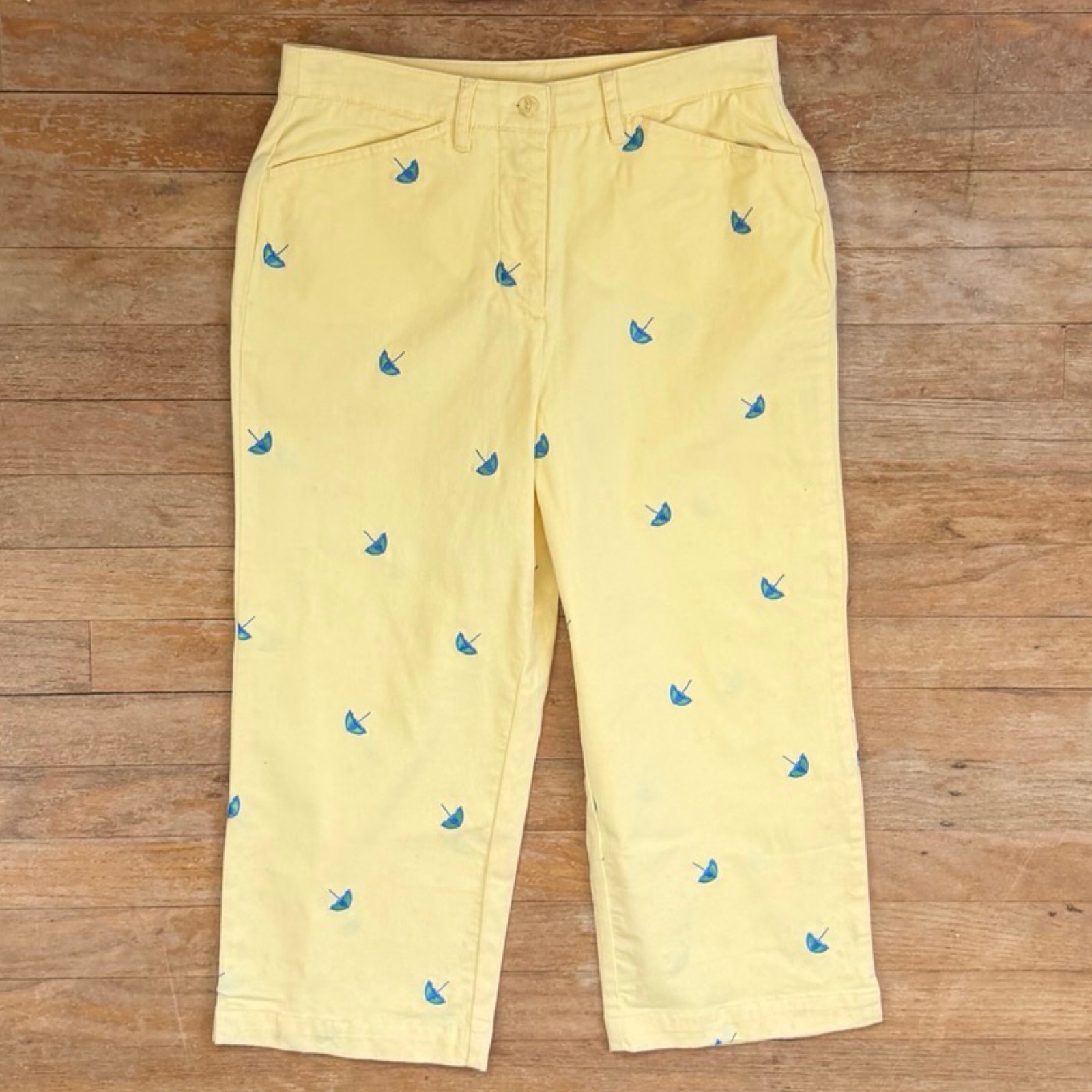 Vintage Umbrella Print Capris 1990s Cotton Spandex Yellow Pants Women’s Size 4 P