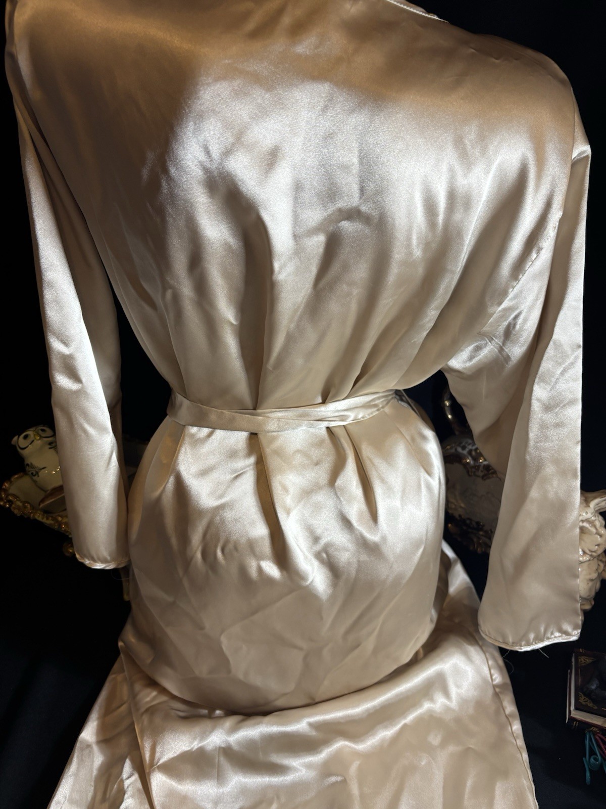 Vtg Soft Satin Nightie Long Dressing gown Soft Nightie Frilly Dress Robe Gold
