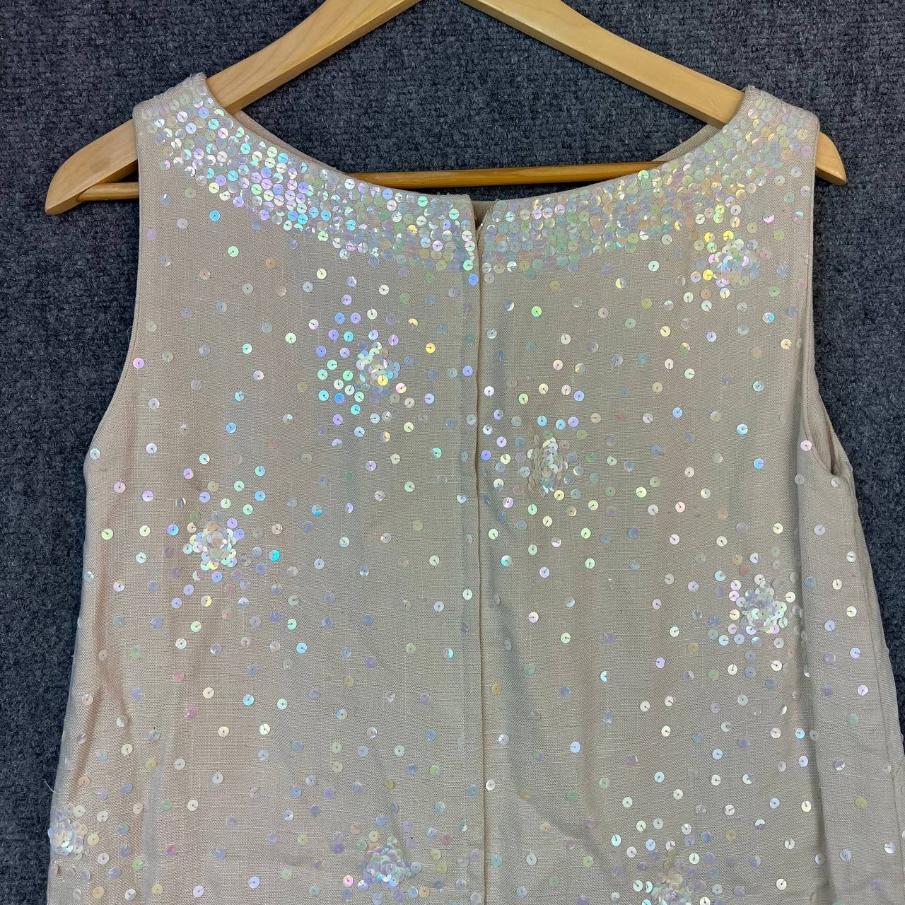 Vintage Royal Lynne Beaded Sequin Dress Made in Hong Kong 1960s Sleeveless Beige