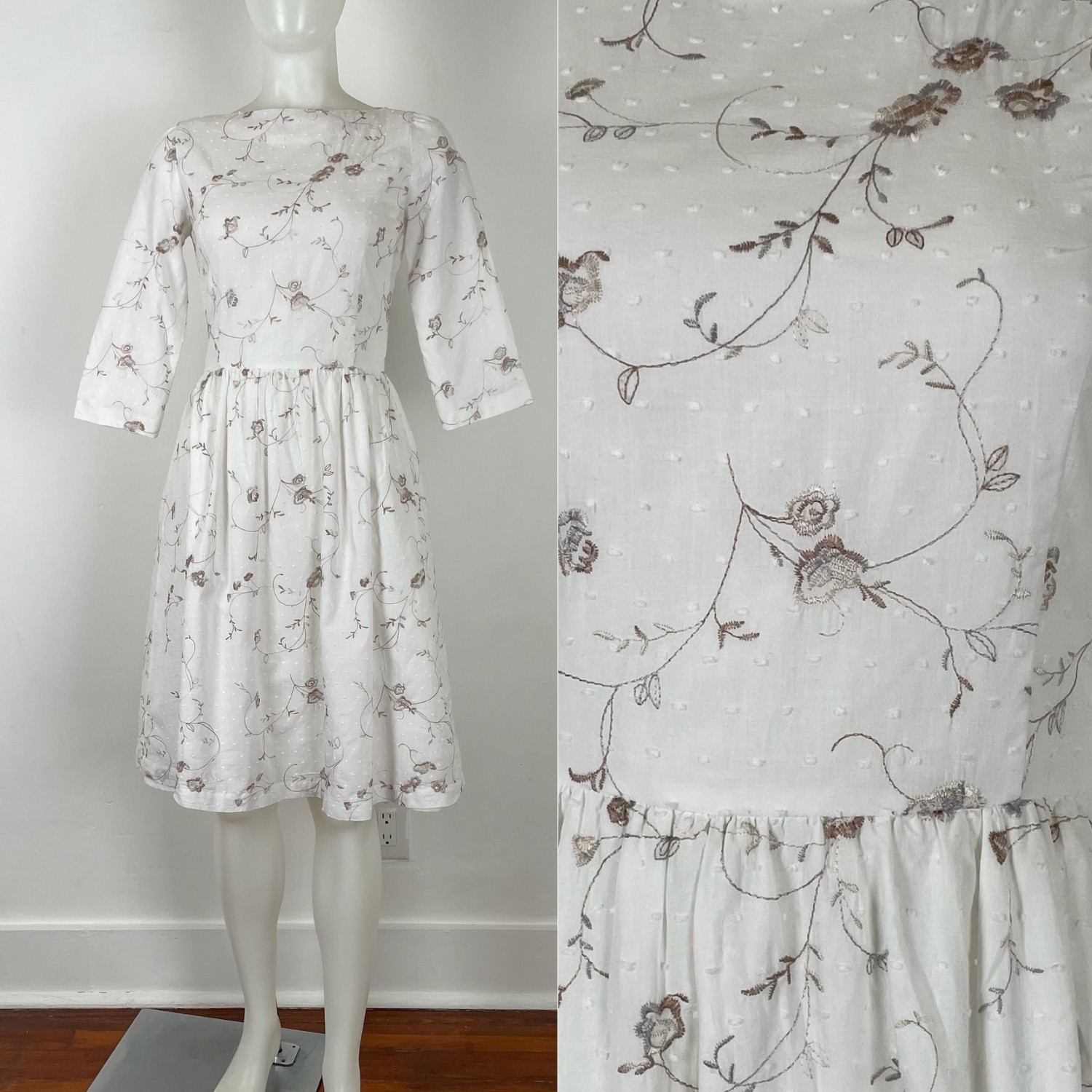 VTG 60s Tea Dress White Swiss Dot Embroidered Floral Classic Cotton Lined S/XS