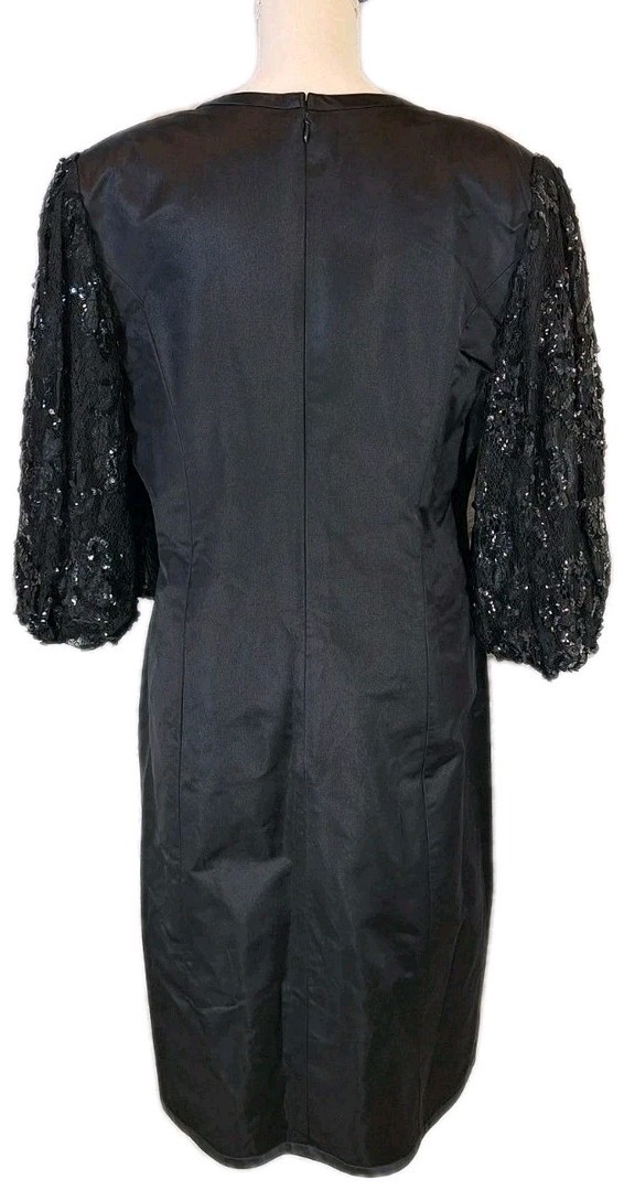 VTG BOB EVANS 100% Silk Sheath Cocktail Dress Sequin & Lace Balloon Sleeve Black