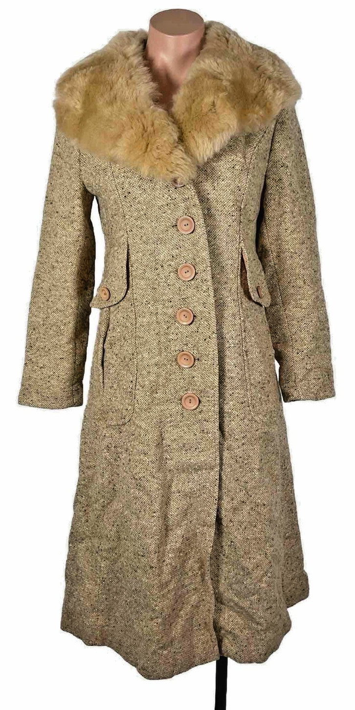 70s VTG Tweed Trench Pea Coat Shearling Lamb Collar Jacket S/M UNION NWT NEW