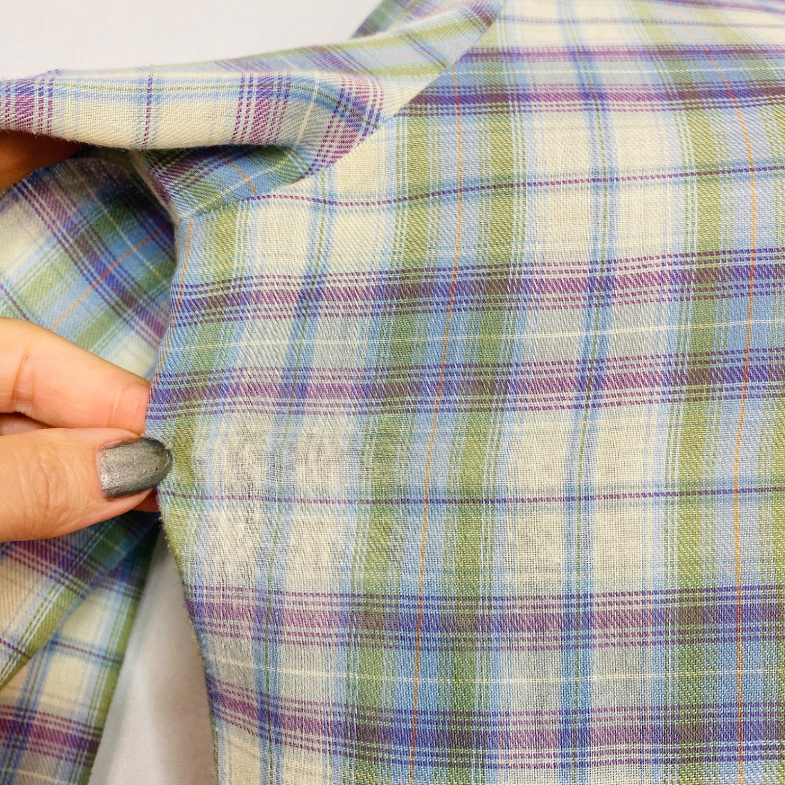 Vintage 1970s purple plaid blouse L ruffle long sleeve white green Victorian