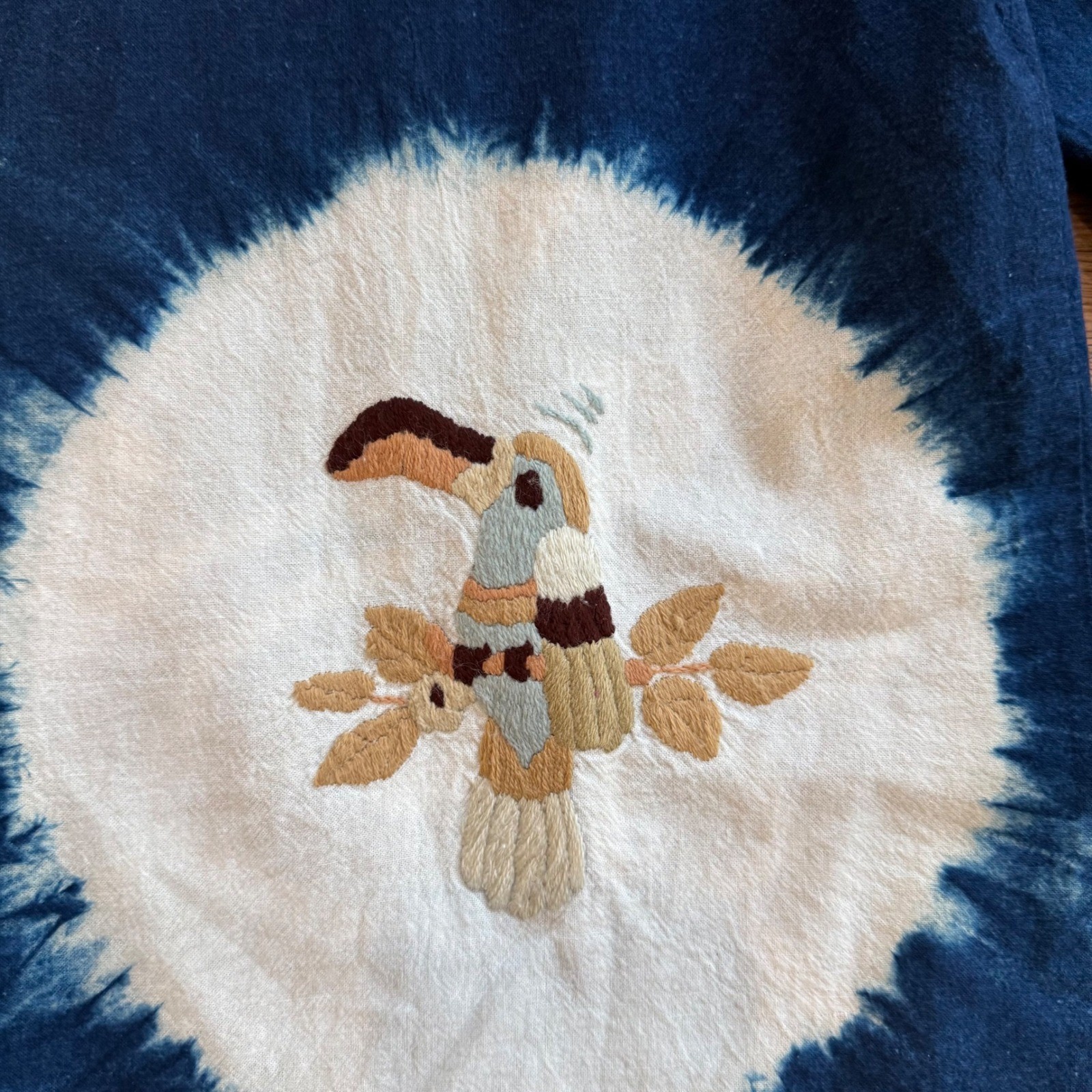 Vintage Indigo Dyed Reversible Jacket Bird Embroidery Tie Dye Blue Boho