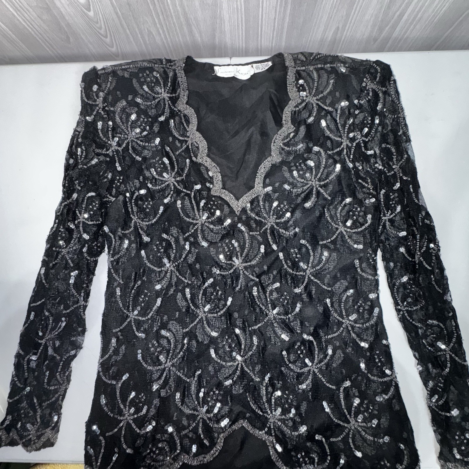 Vintage Laurence Kazar Black & Silver Sequin Beaded Sheer Lace V-neck Long Slve
