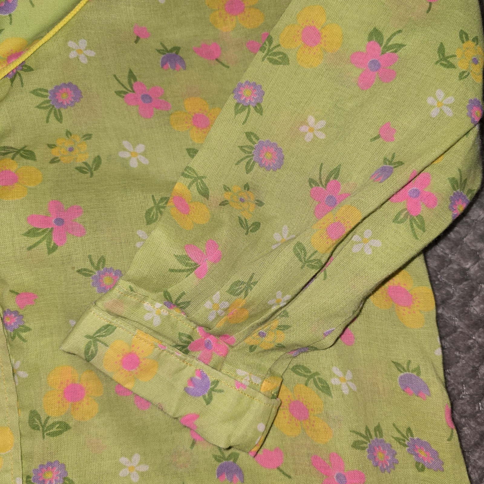 Vtg 1970s Flower Power Button Up Shirt Western Yoke Piping Green Pink Yellow