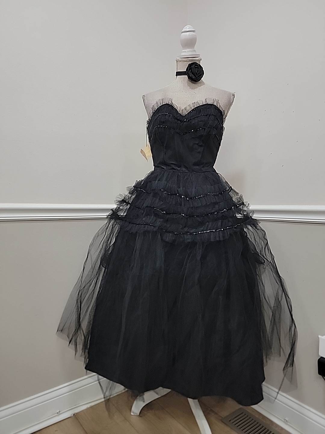 VTG 1950s Mid-Century Black Tulle Party Dress Nipped Waist New Look NWT