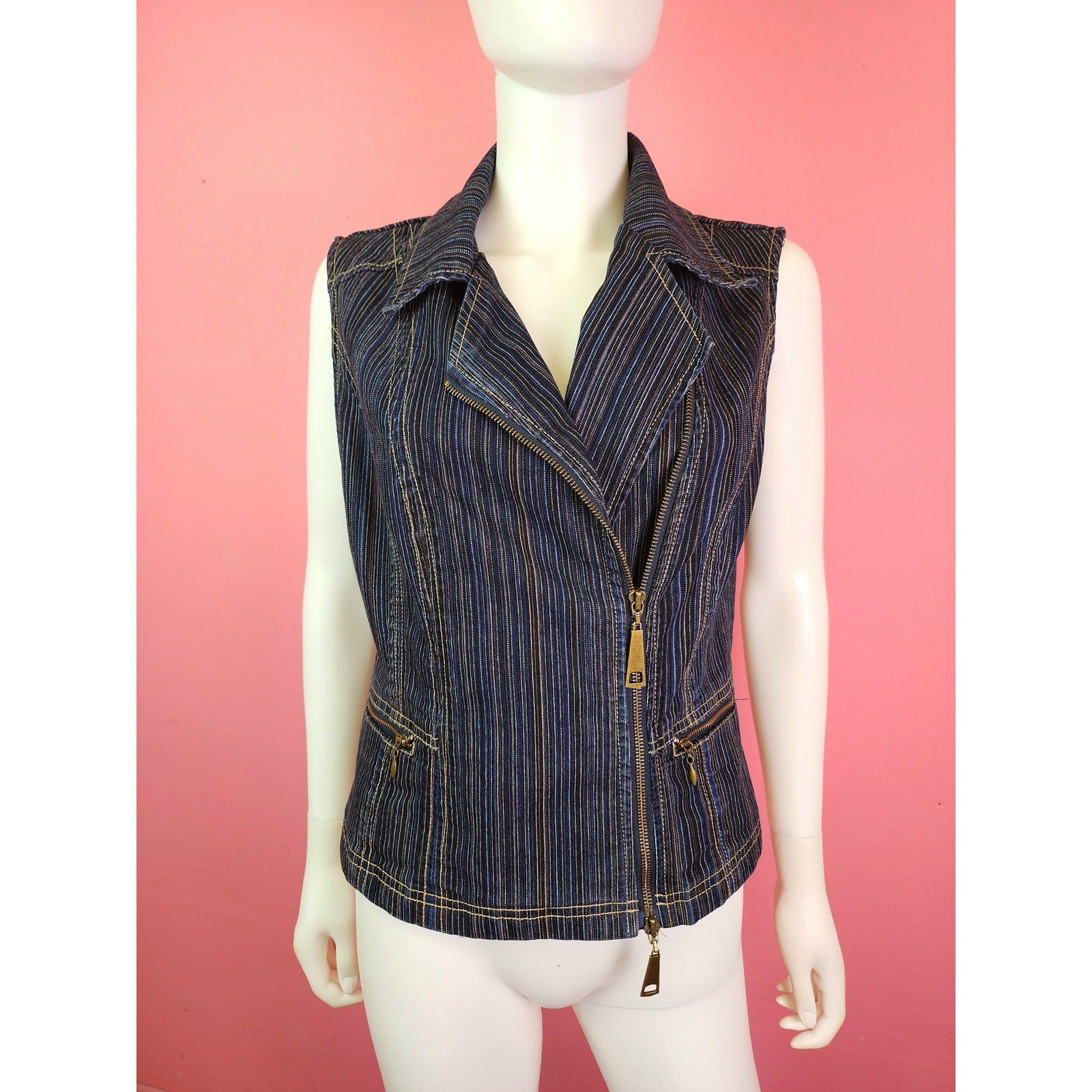 Vintage 90’s Y2K Dark Blue and Black Denim Pinstripe Zip-Up Moto Vest