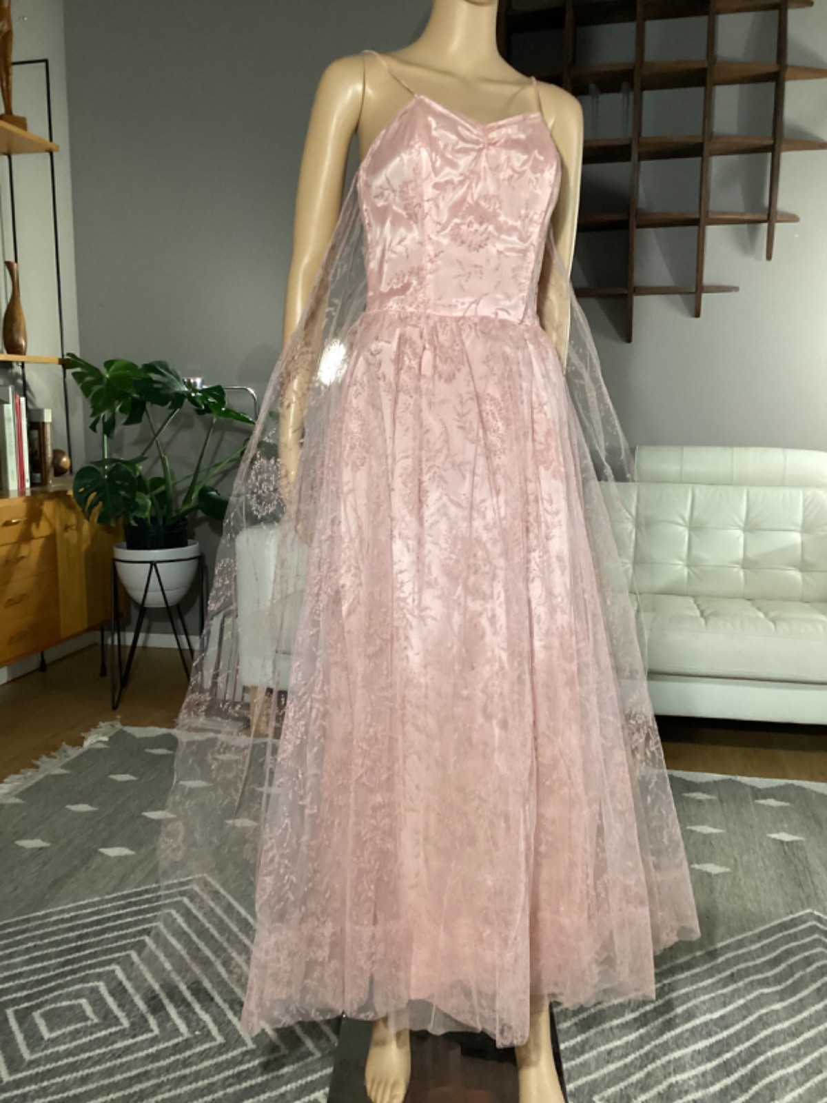 Vintage 1950s Pink Floral Tulle Sparkle Cocktail Party Dress Sz Small XS