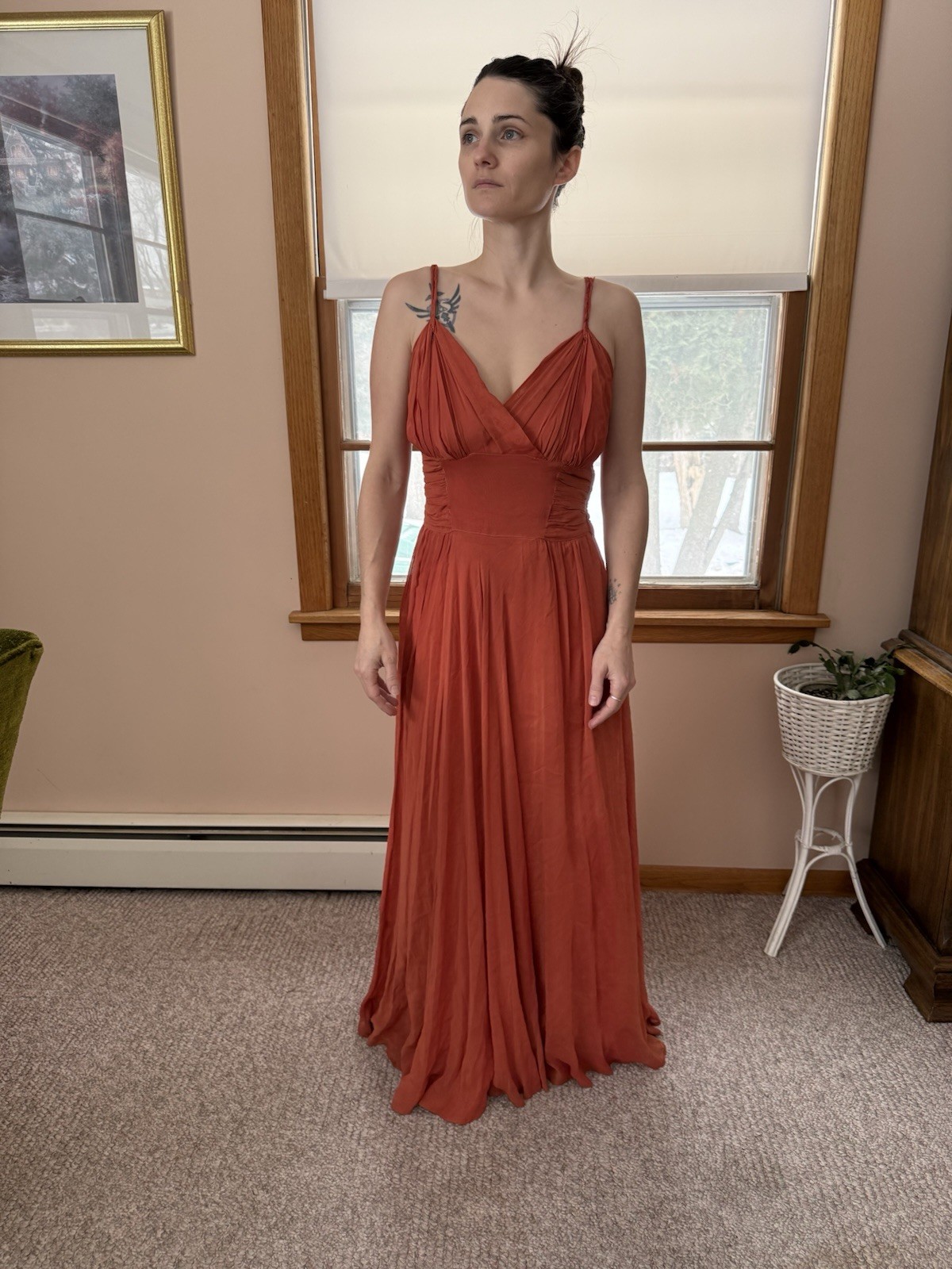 Vintage 1940s Burnt Orange Rayon Satin Chiffon Formal Dress Gown Grecian Fairy A