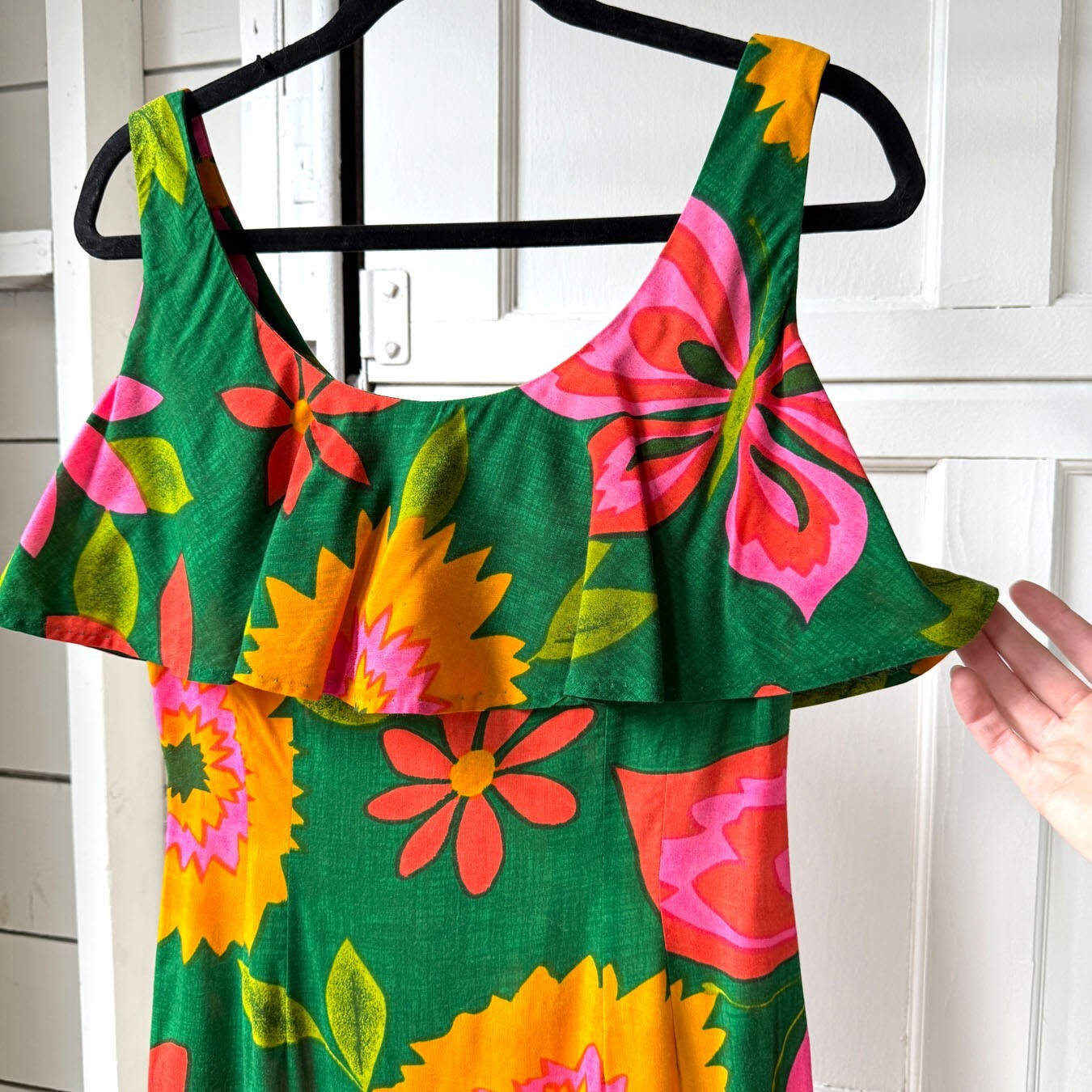 Vintage 70s Sydney Honolulu Green Butterfly Flower Print Mermaid Maxi Dress Sz S