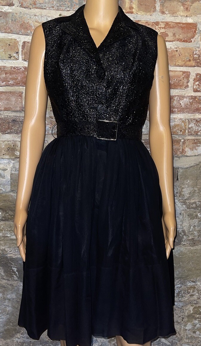 1950’s VTG Julie Miller Black Rockabilly Pin Up Textured Bubble Hem Dress XS
