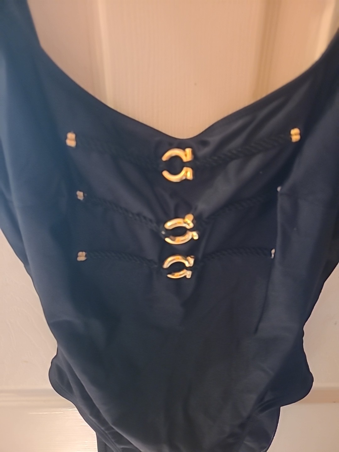 Swimsuit VTG 70s 80s La Blanca Black Sheen Gold Embellished Bodice Sz 12 USA