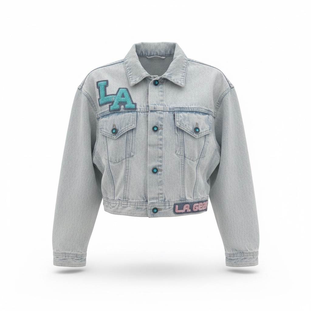 Vintage LA Gear Cropped Denim Jacket M Acid Wash Chenille Patch 80s Hong Kong