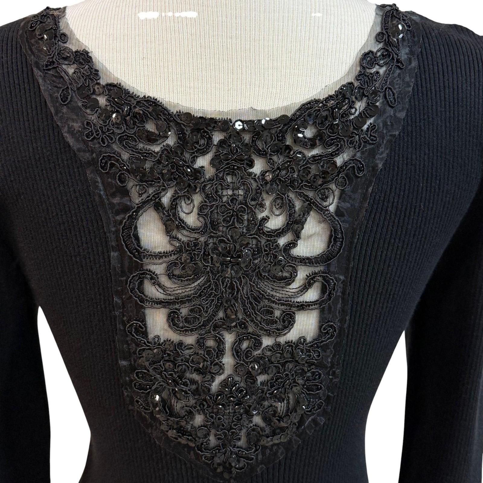 Vintage Black Ribbed Knit Sweater Sequin & Lace Trim Size Small