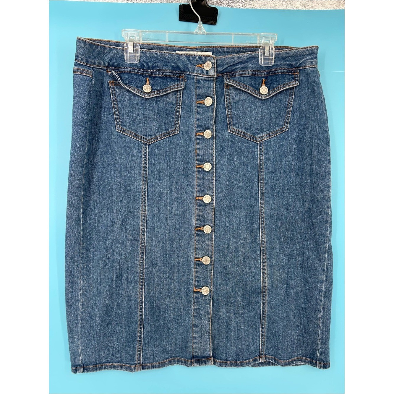 Classic Blue Denim Button-Front Midi Skirt
