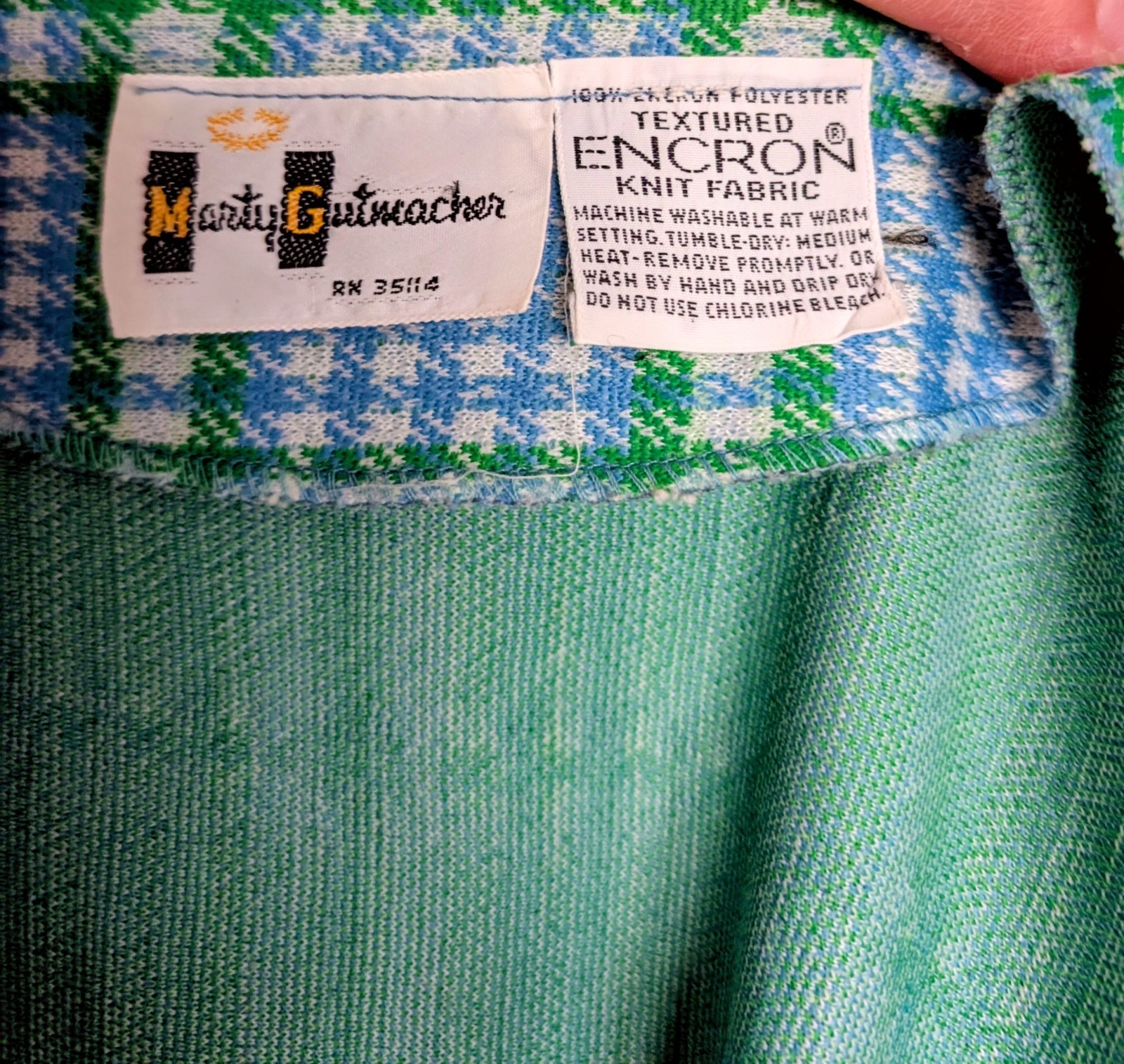 Vintage 1970s Marty Gutmacher blazer green blue plaid polyester knit Encron
