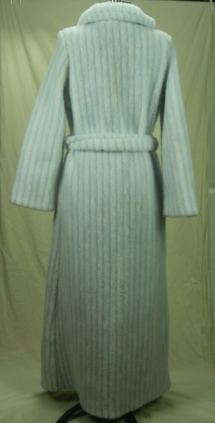 Vintage 80s Borg Plush Robe Small Deep Pile Fleece White Pastel Stripe Fluffy