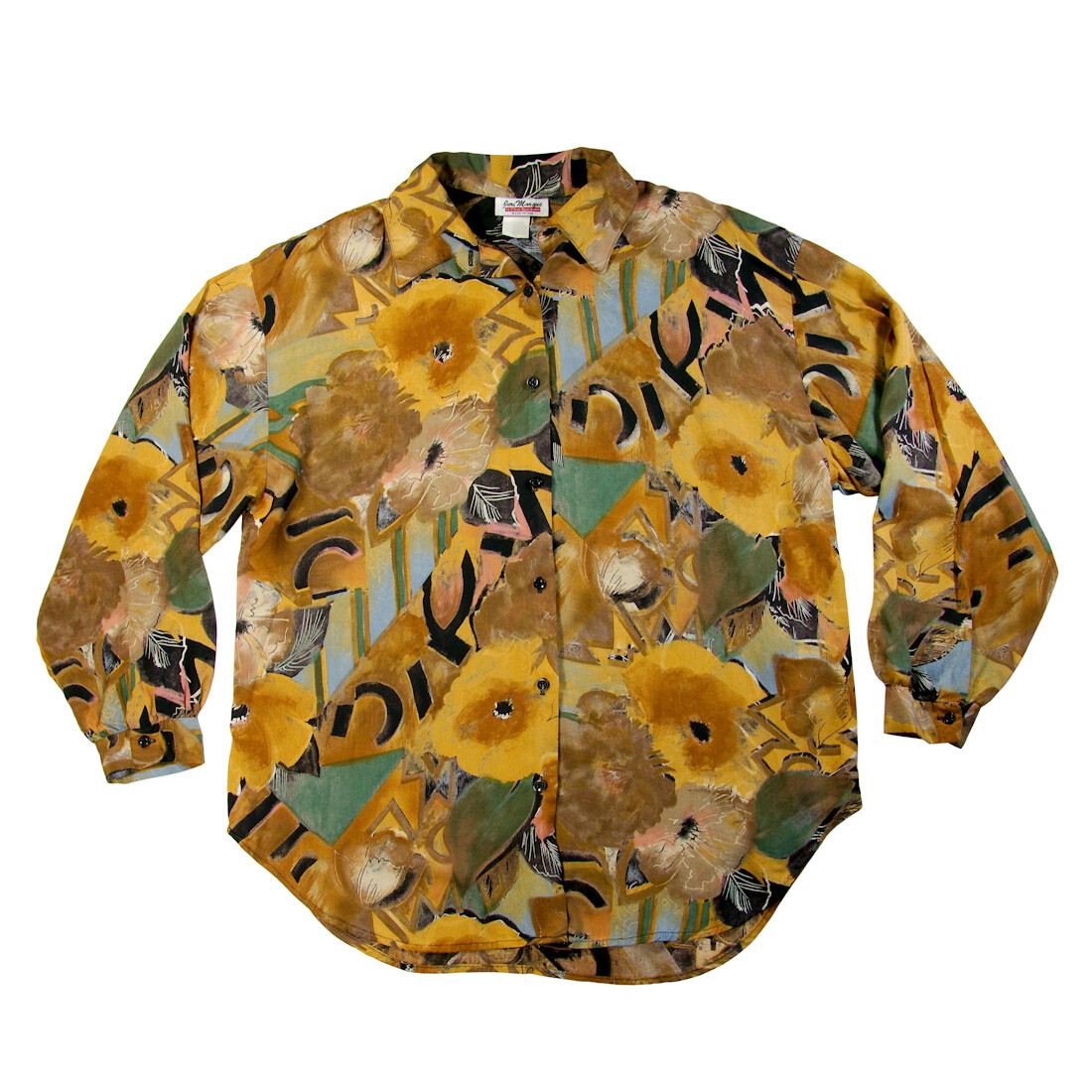 Vintage Jeri Maruqe C’mon Sportswear Shirt Rayon Long Sleeve Earth Brown Floral