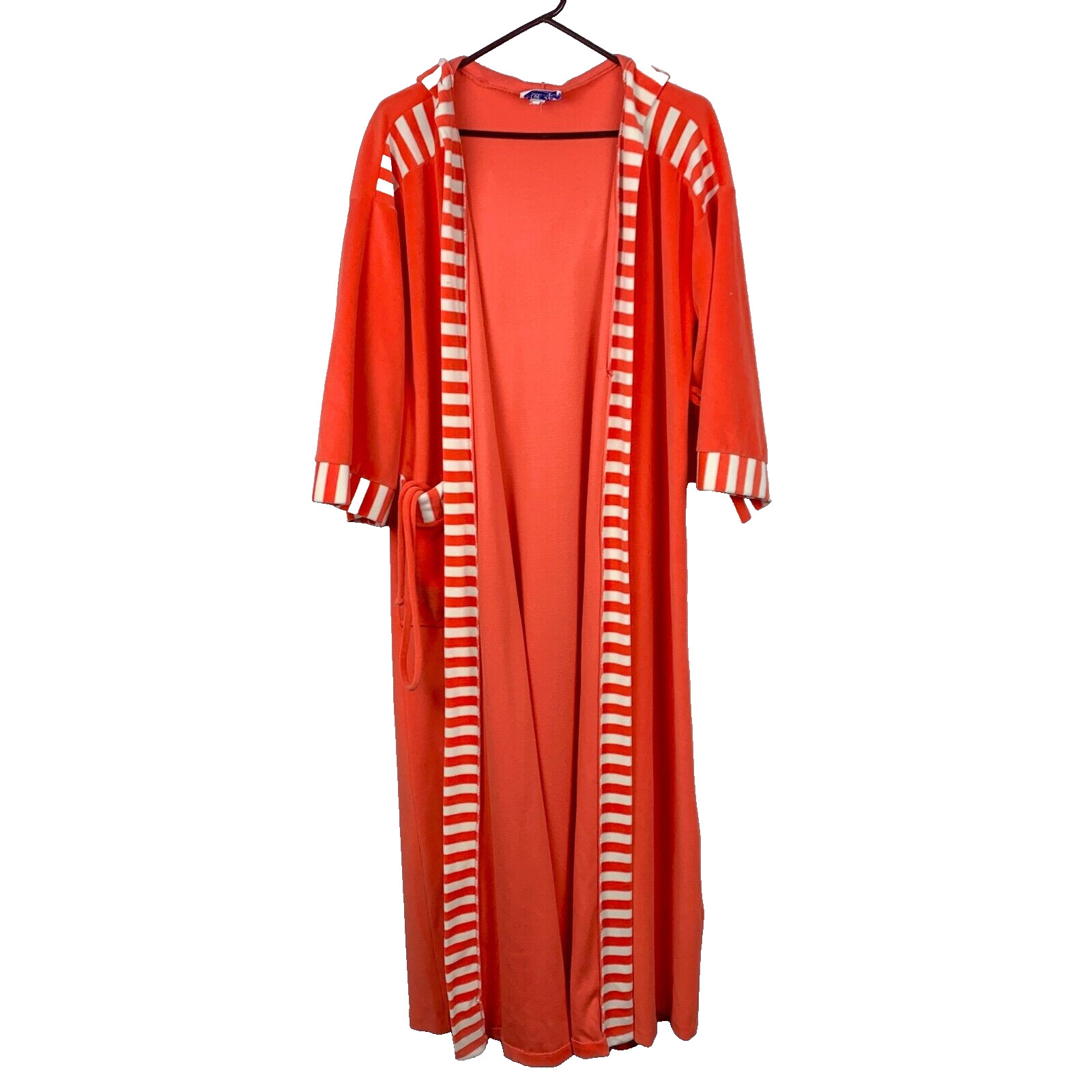 Vintage 70s Niki-Lu Velour Retro Orange White Belted Hooded Long Robe Size Small