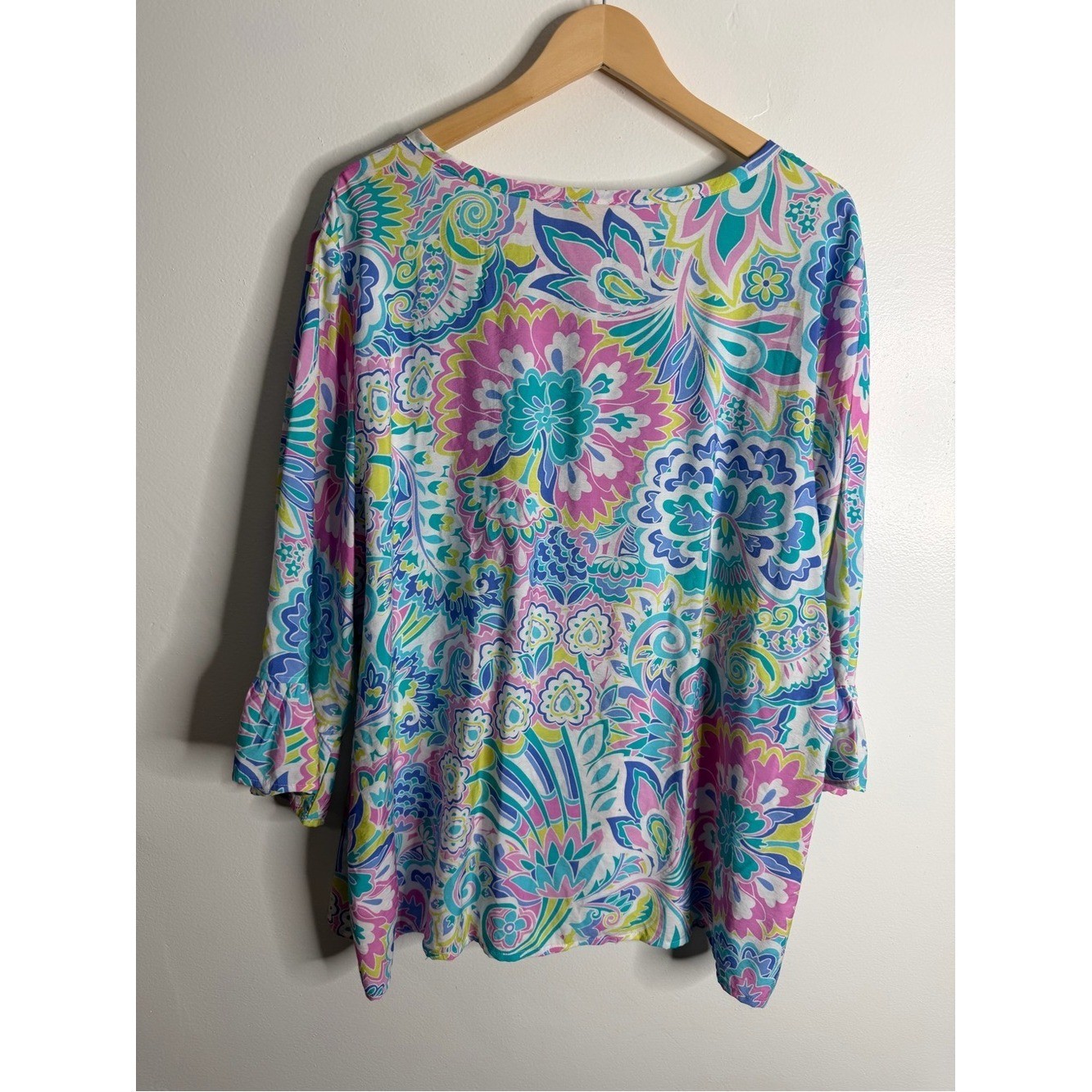 Ruby Rd Pink Blue Paisley Floral Bell Sleeve Boho Peasant Top 1X Flowy Whimsical