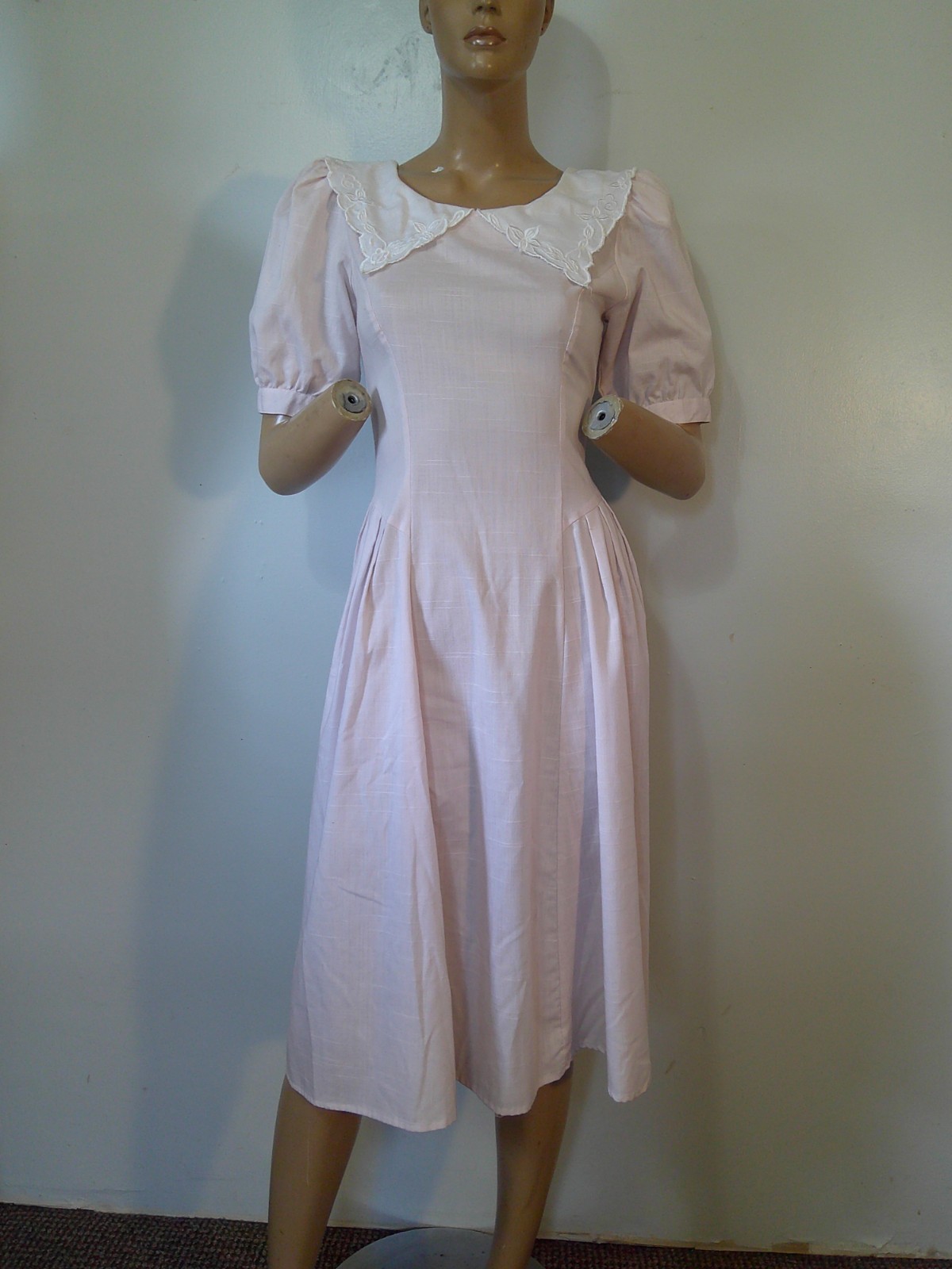 Vtg 80’s Garden Party Modest Style Pink Drop Waist Puff Slv Lace Collar Dress 8
