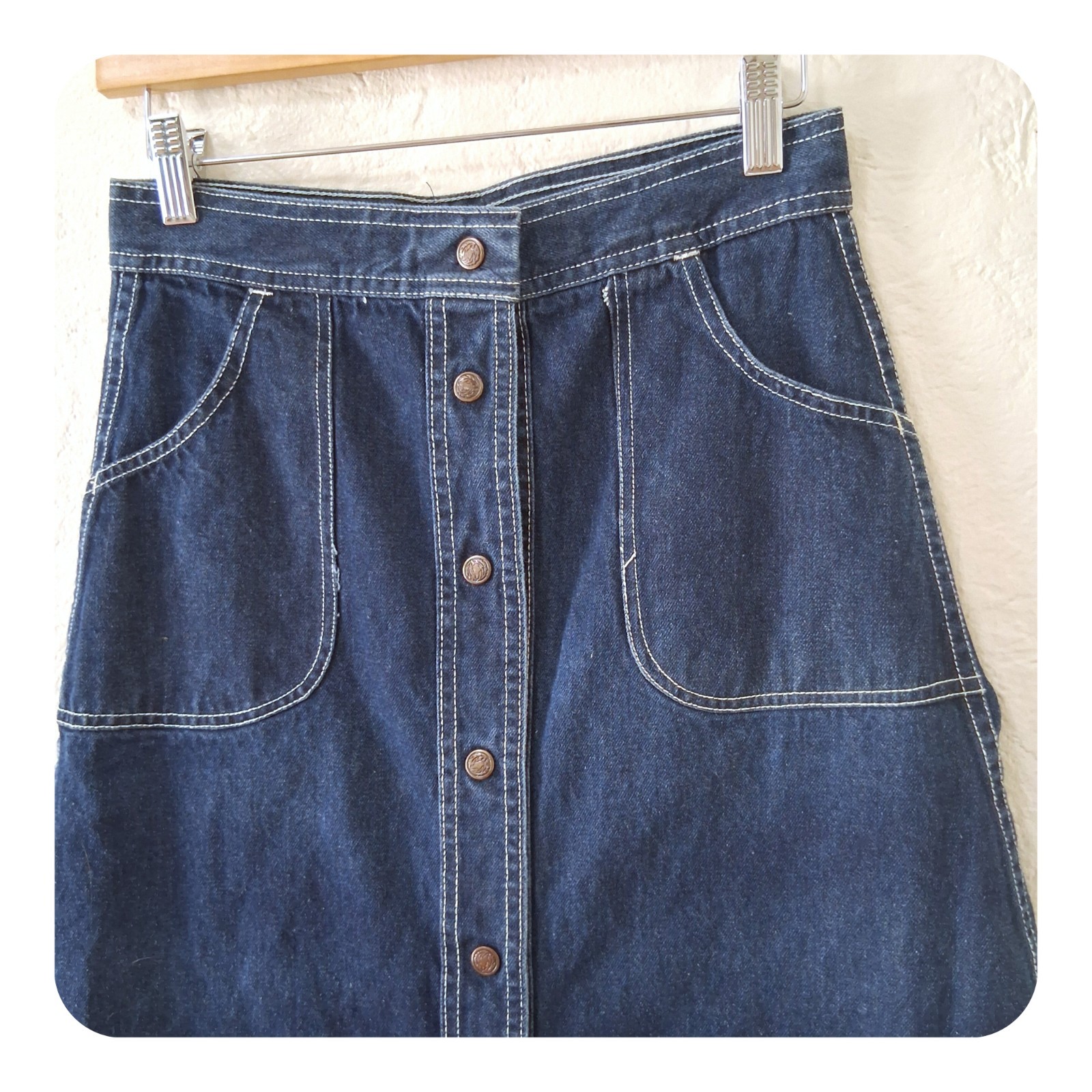 Vintage 70s Woolco Denim Skirt Snap Button Front High Waisted A-Line Midi…
