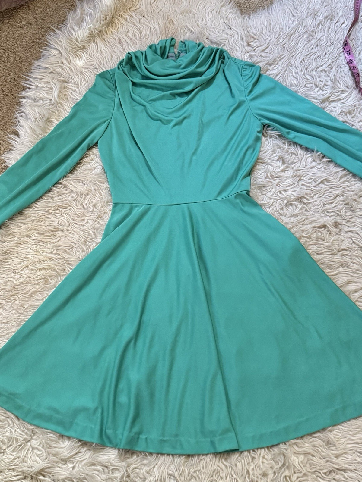 Vtg Lilli Diamond Green Cowl Grecian Draped Jersey Dress 60s Goddess LS XS S