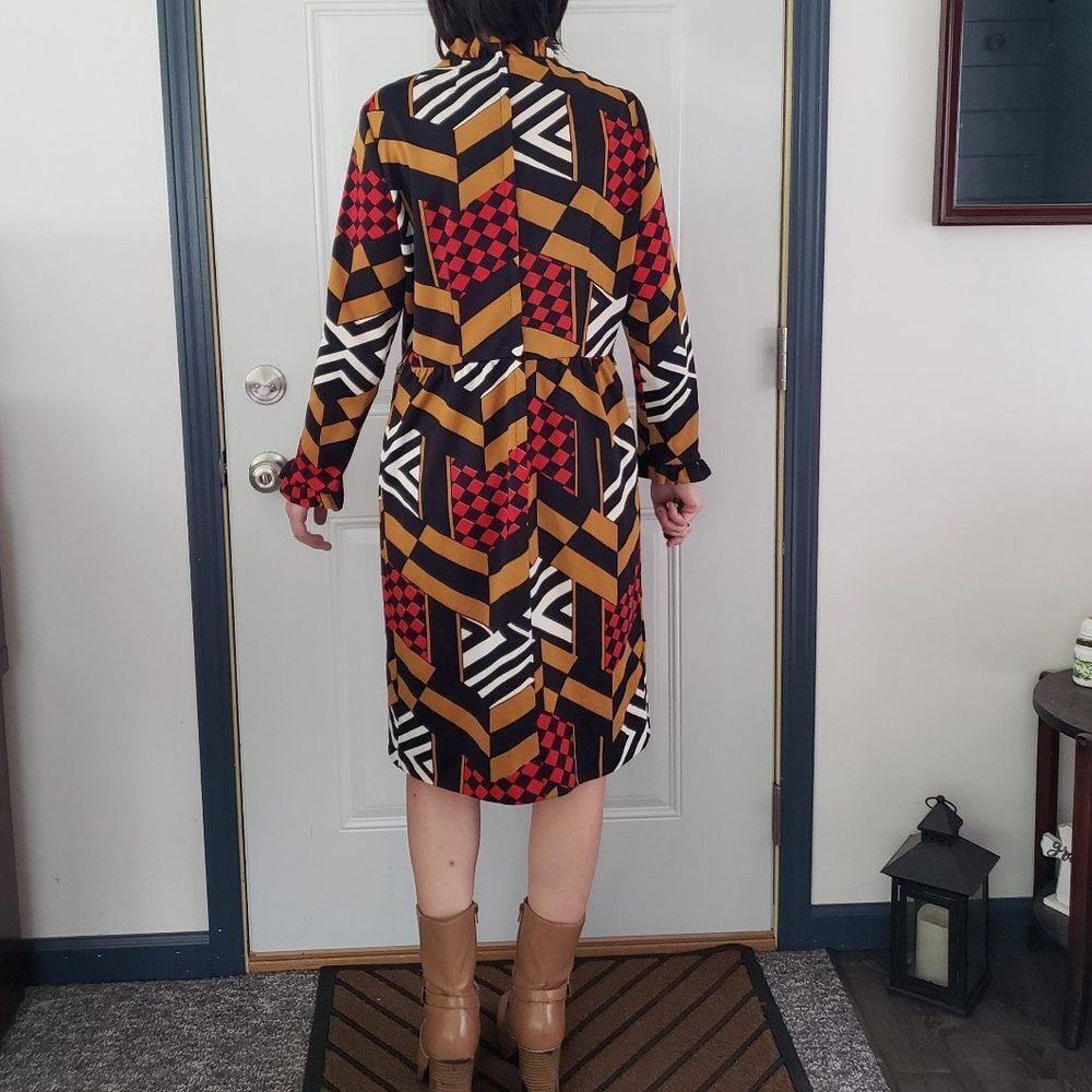 60s/70s Black, Red, and Brown Geometric Print Long Sleeve Dress