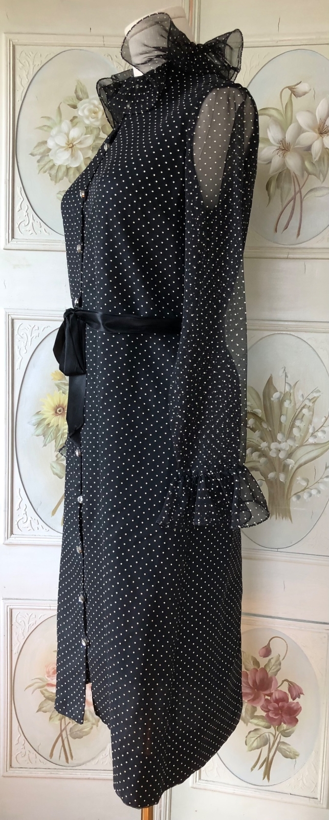 VTG 70s MARITA ANTHONY MUTO BLACK WHITE POLKA DOT RUFFLE COLLAR DRESS CHIFFON