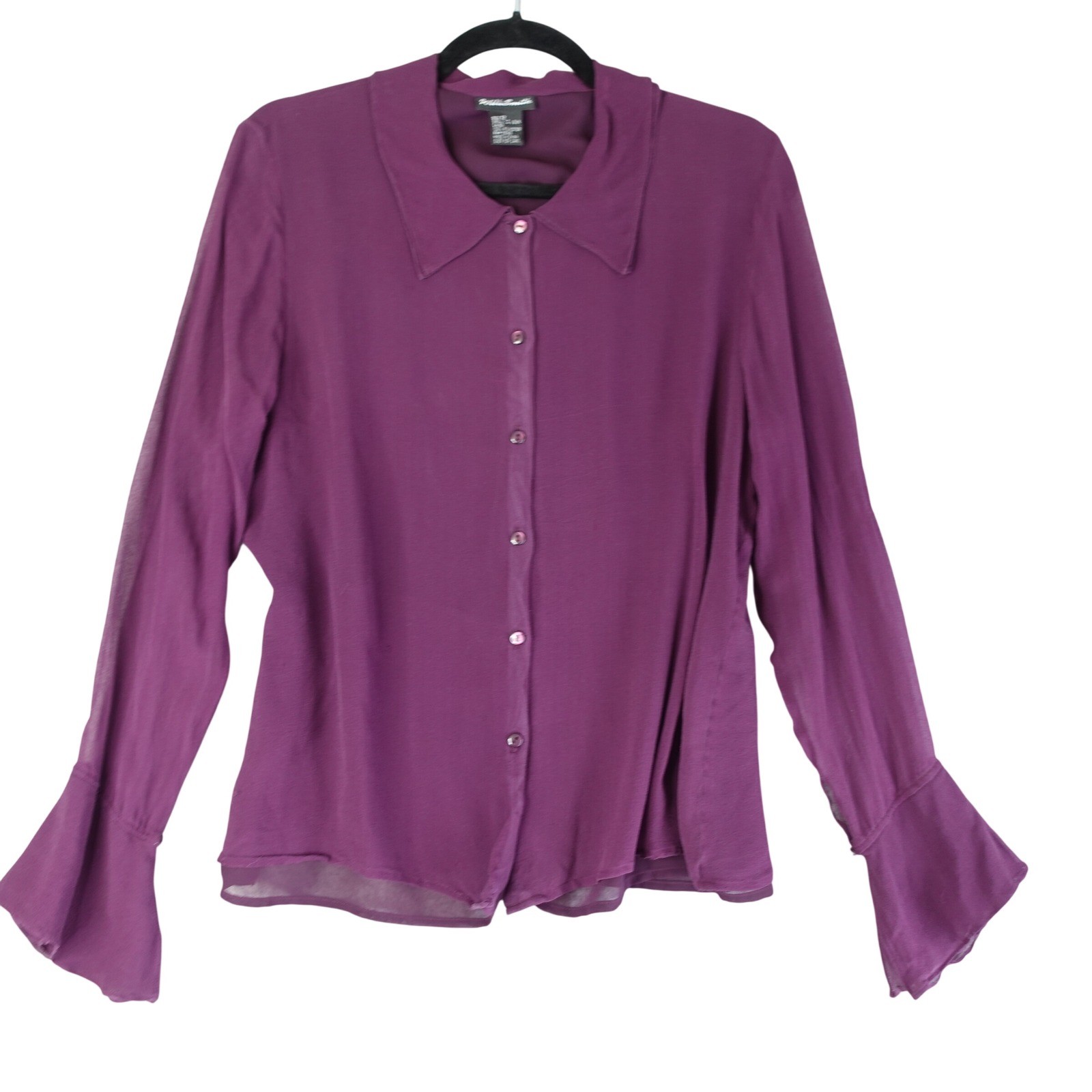 Vintage Top Womens 12 Med Purple Silk Sheer Flare Sleeve Button Up Blouse 90s