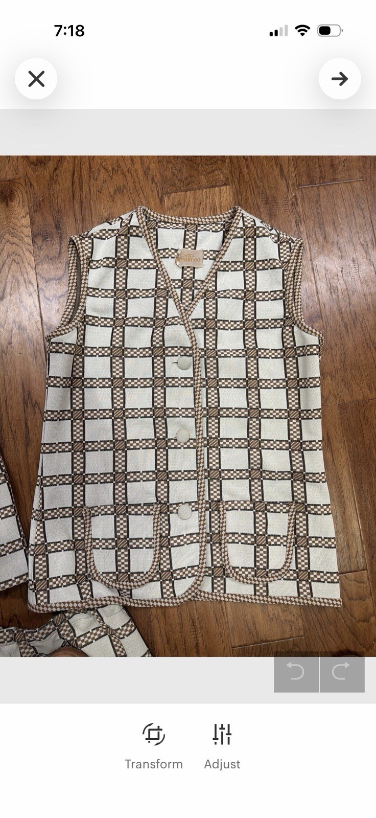Vintage 1970s 3 Piece Leisure Suit Womens Knit Beige Brown Plaid Large 12-14