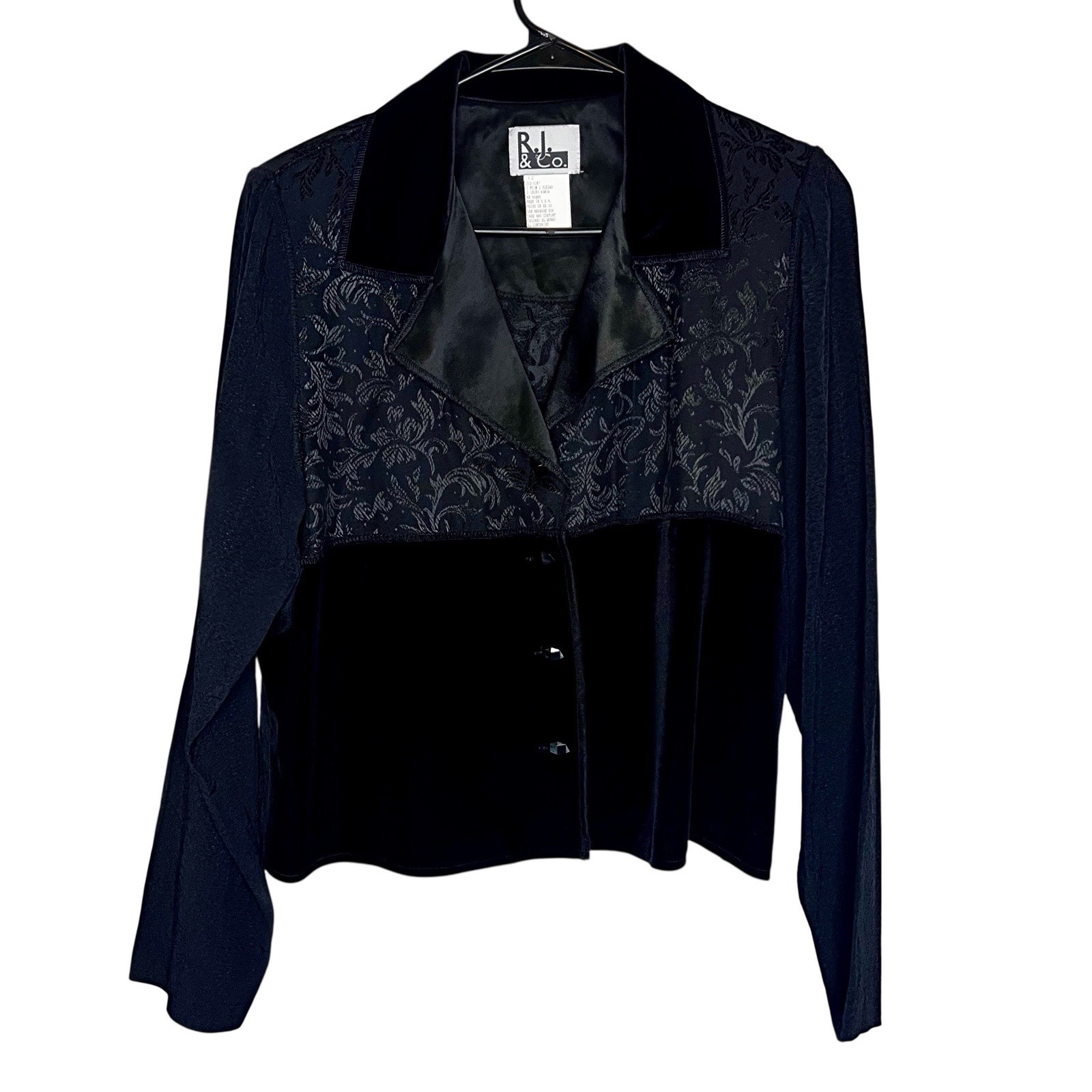 Vintage Black With Velvet Detail Women Formal Collar Shirt Blouse