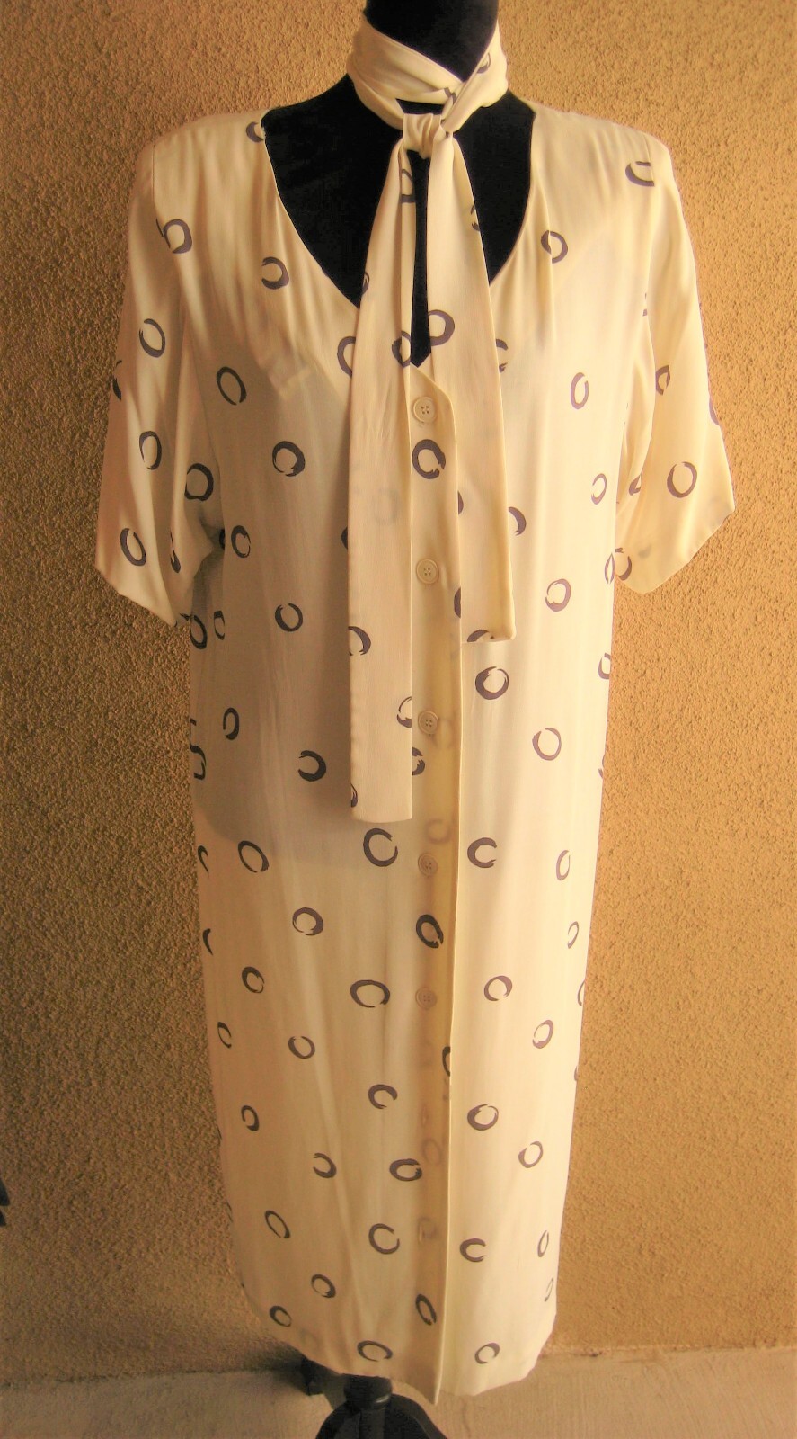 Vintage Warren Z I Magnin 80 cream abstract circles padded shoulder sheath dress