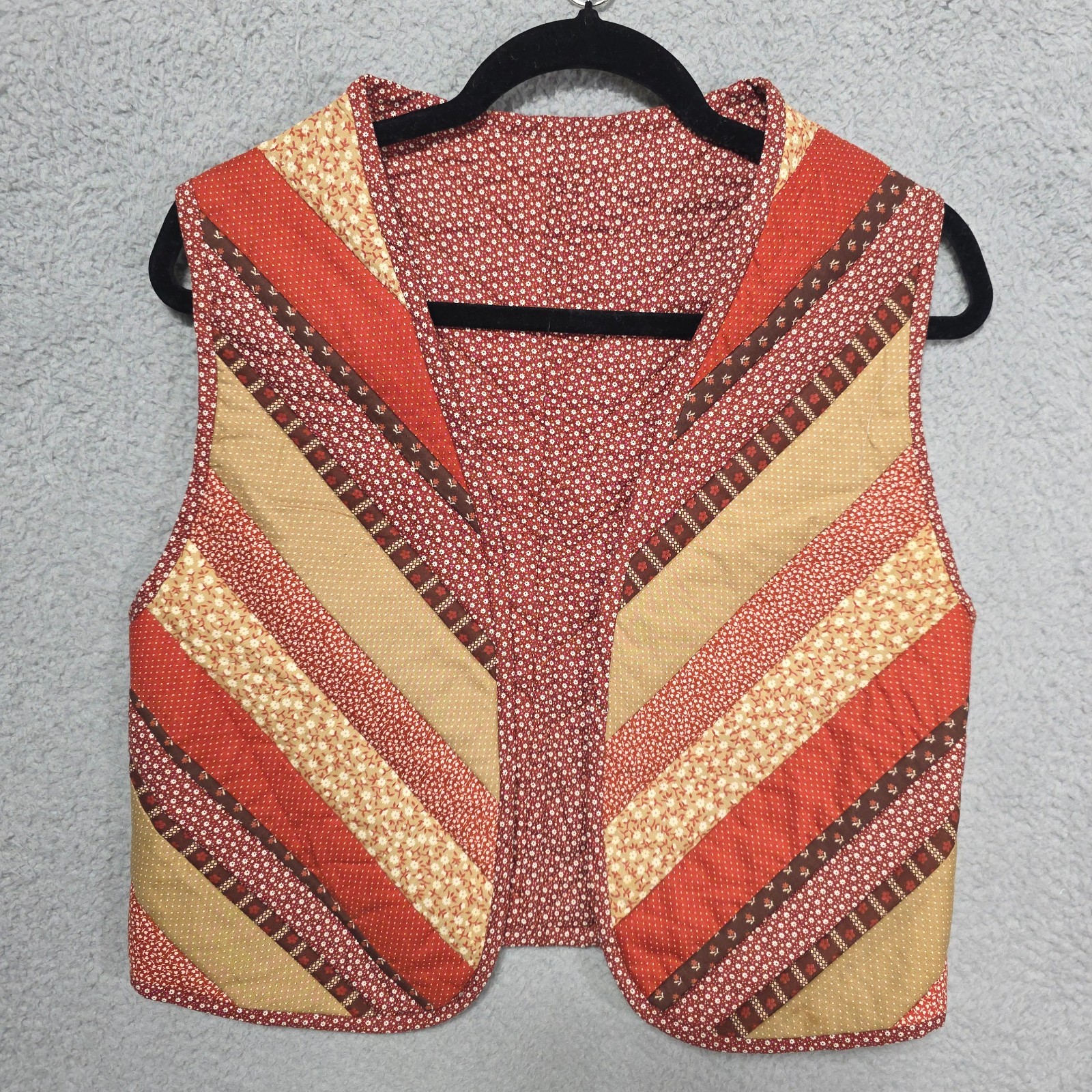 Vintage Handmade Patchwork Grandma Quilted Sleeveless Vest Orange Brown 70s 80s