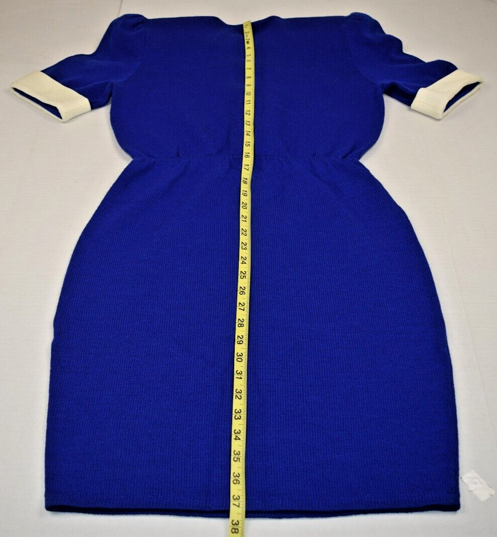Vintage St John Knit Royal Blue Midi Dress S/M 80s White Buttons Fitted Waist