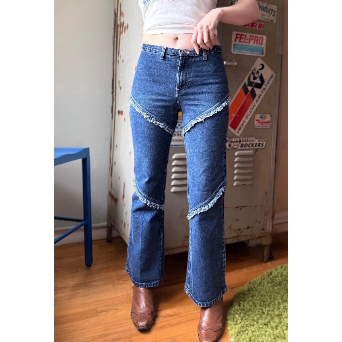Vintage Y2K Fringe Panel Jeans | Low Rise Kick Flare Denim | Medium Wash | 29″
