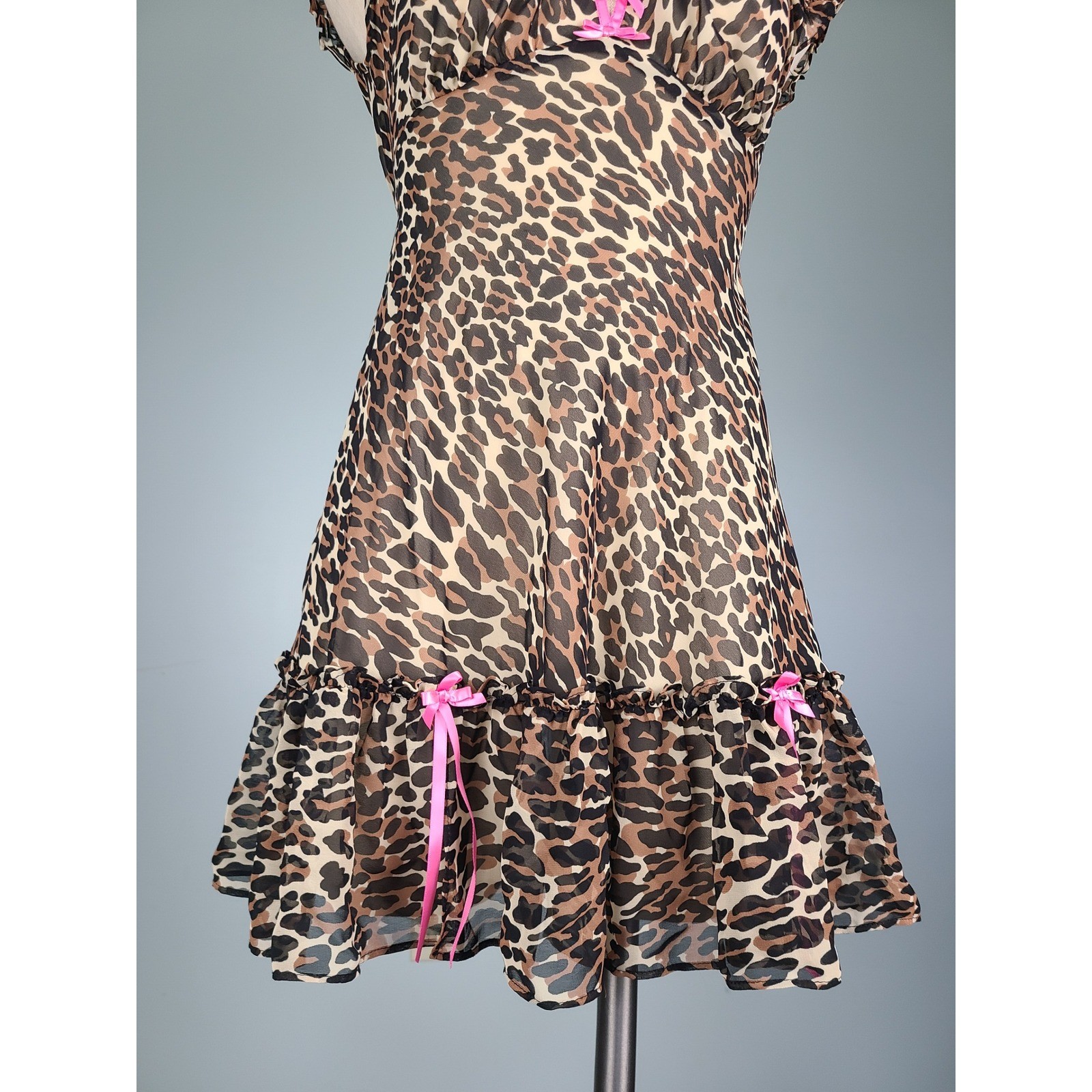 Y2K Betsey Johnson Sz S Mini Babydoll Dress Leopard Print Hot Pink Bows It Girl