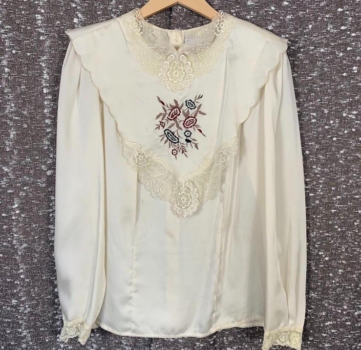 Vintage 70s 80s Jessica Ltd Floral Lace Cream Blouse Victorian Cottagecore Sz 10