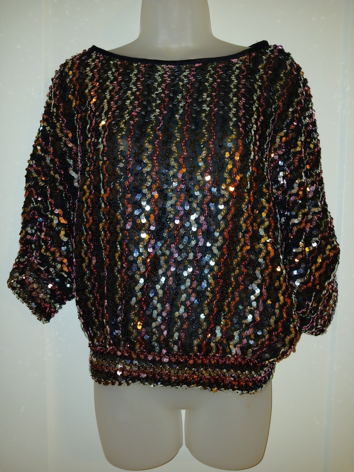 Vintage 70s Sequins Pink Silver Disco Club Knit Stretch Studio 54 Top Blouse L