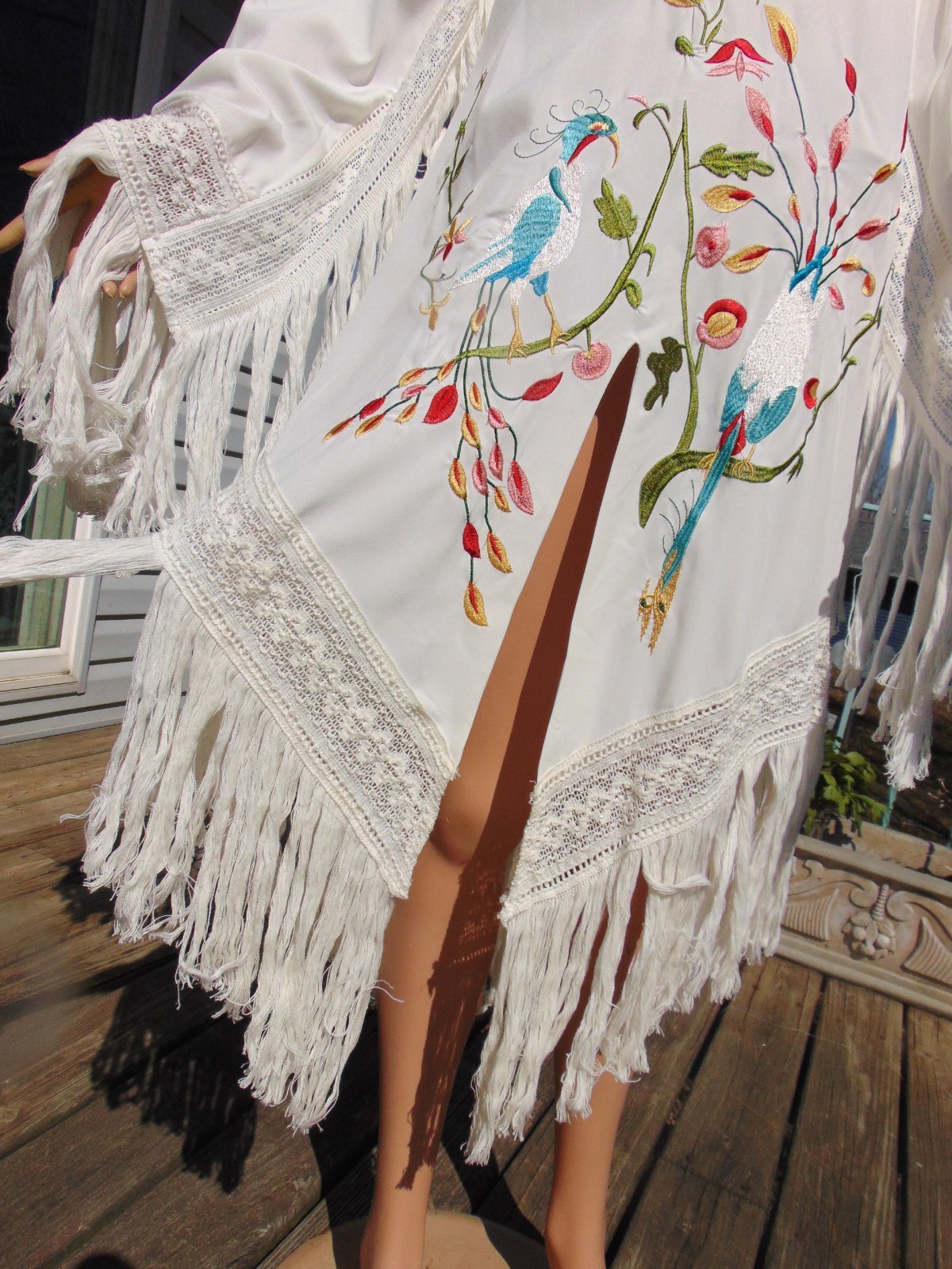 Vtg Rachel Welch Replica Iconic Embroidered Peacock Fringe Hippie Dress