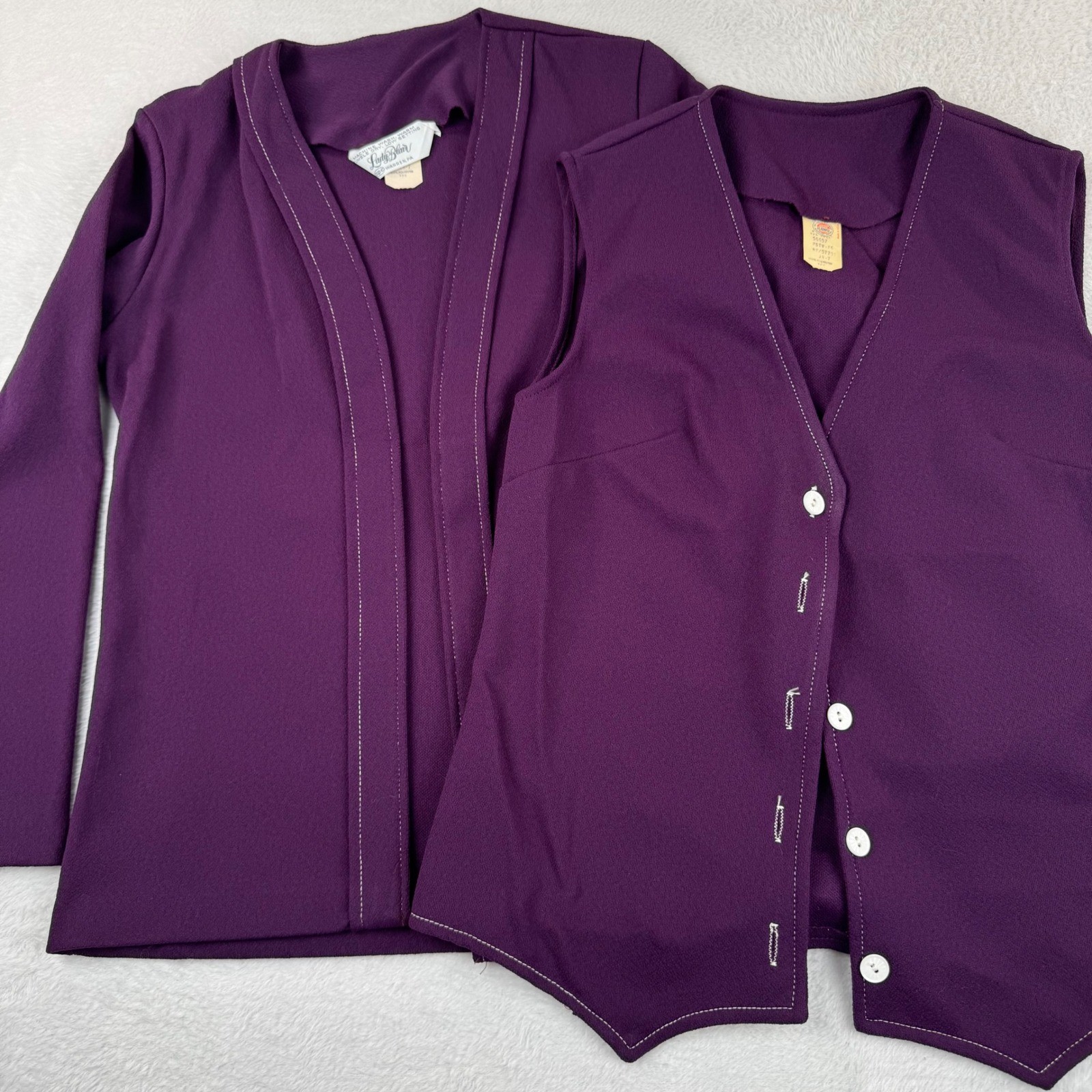 VINTAGE Lady Blair Cardigan Vest Set Womens 7 Purple 70s ILGWU Contrast Stitch