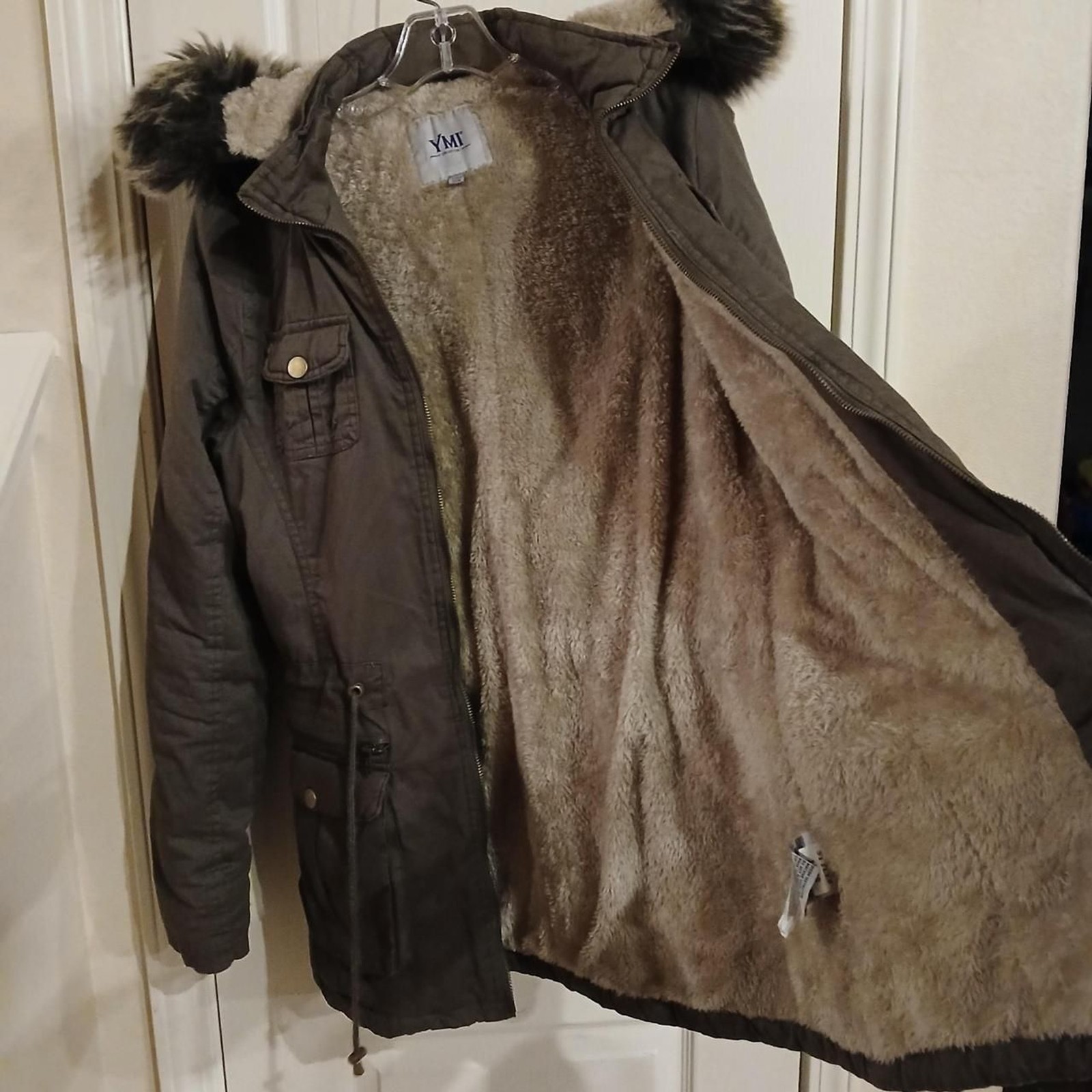 Y2K green parka utility jacket faux sherpa lining pockets faux fur trim hood M