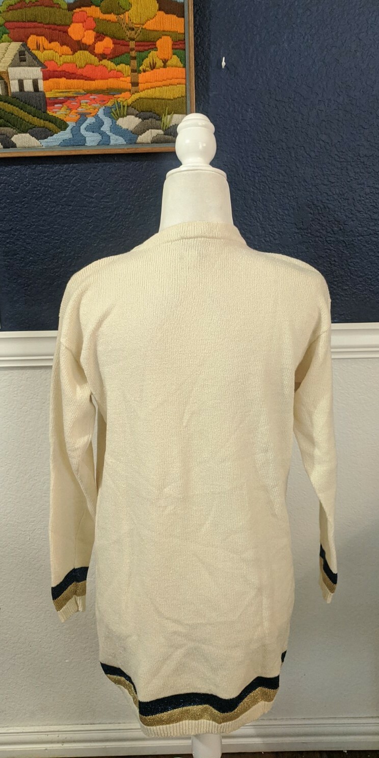 VTG Helen Hsu NY Beige w/ Gold Blue Metallic Sweater Bergdorf Goodman Medium M