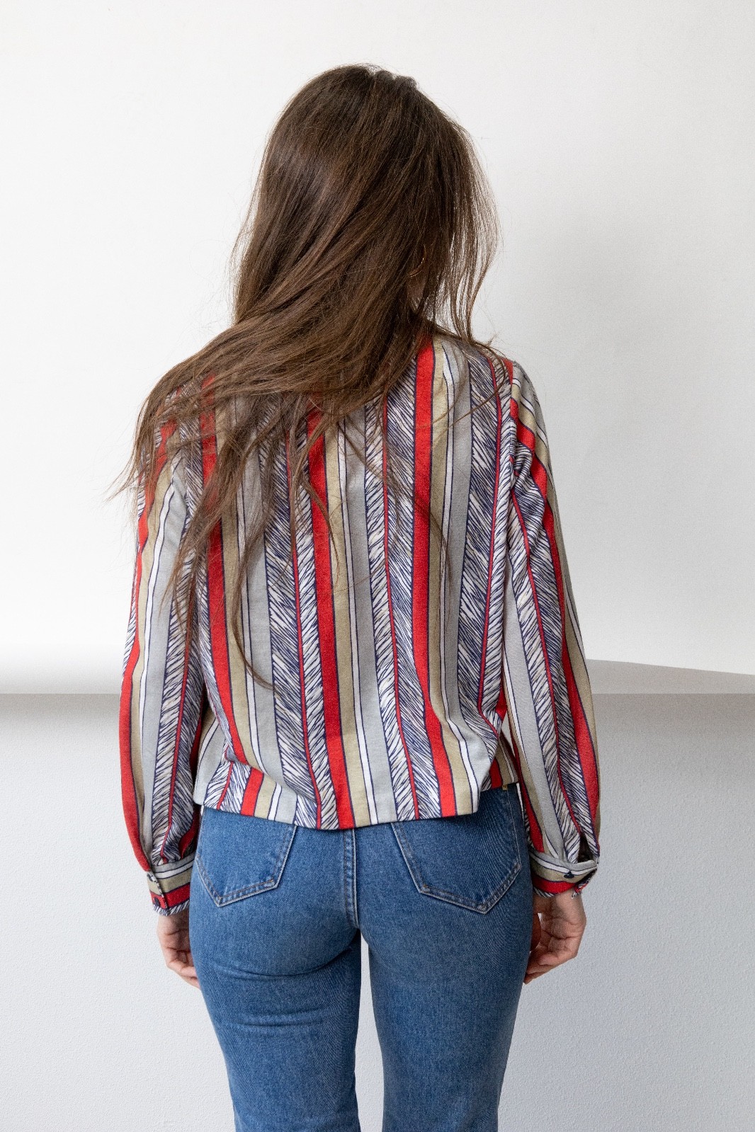 Vintage 70s Striped Blouse Red Navy Bishop Sleeve Folk Prairie Boho Womens M